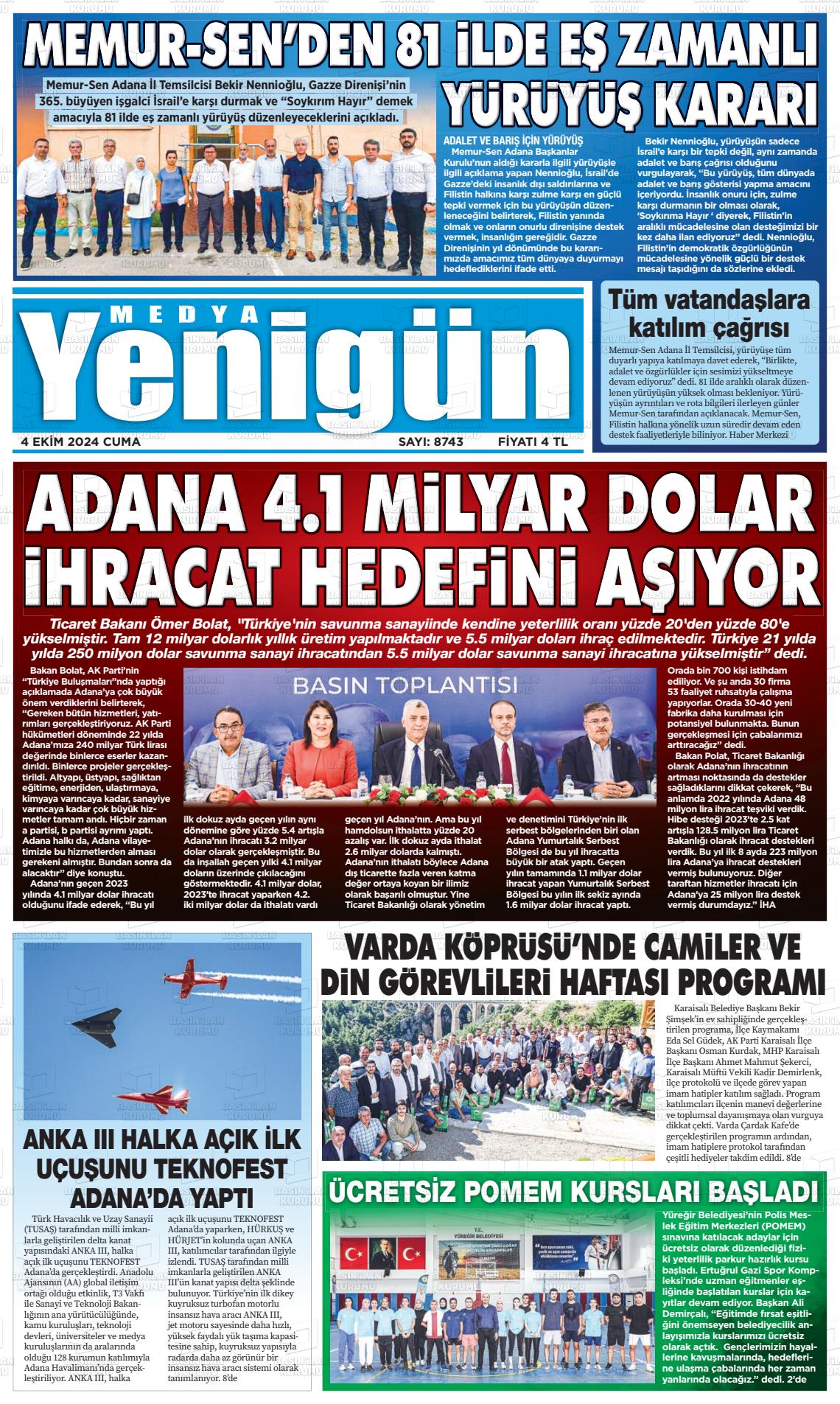 04 Ekim 2024 Medya Yenigün Gazete Manşeti