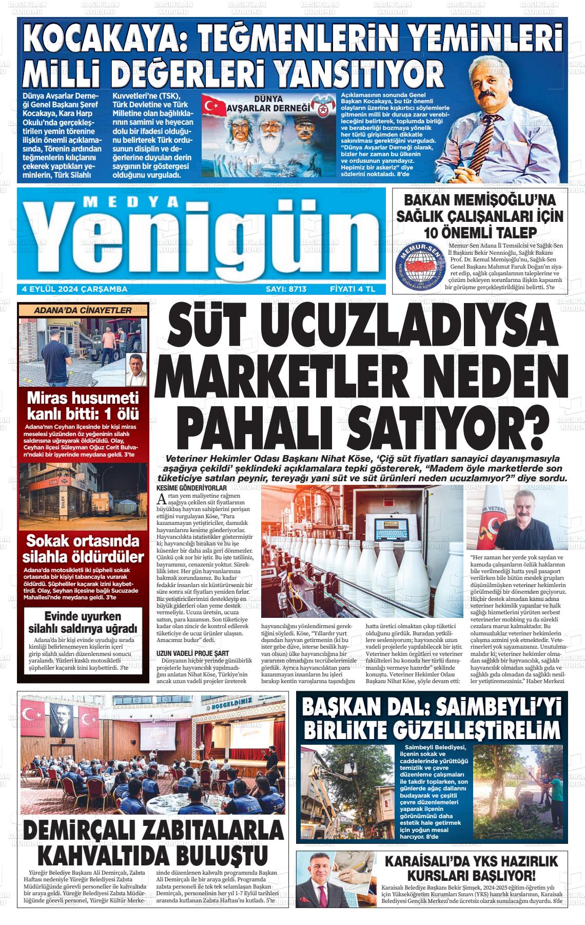 04 Eylül 2024 Medya Yenigün Gazete Manşeti