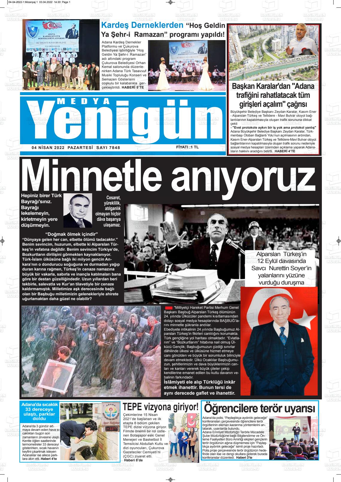 04 Nisan 2022 Medya Yenigün Gazete Manşeti