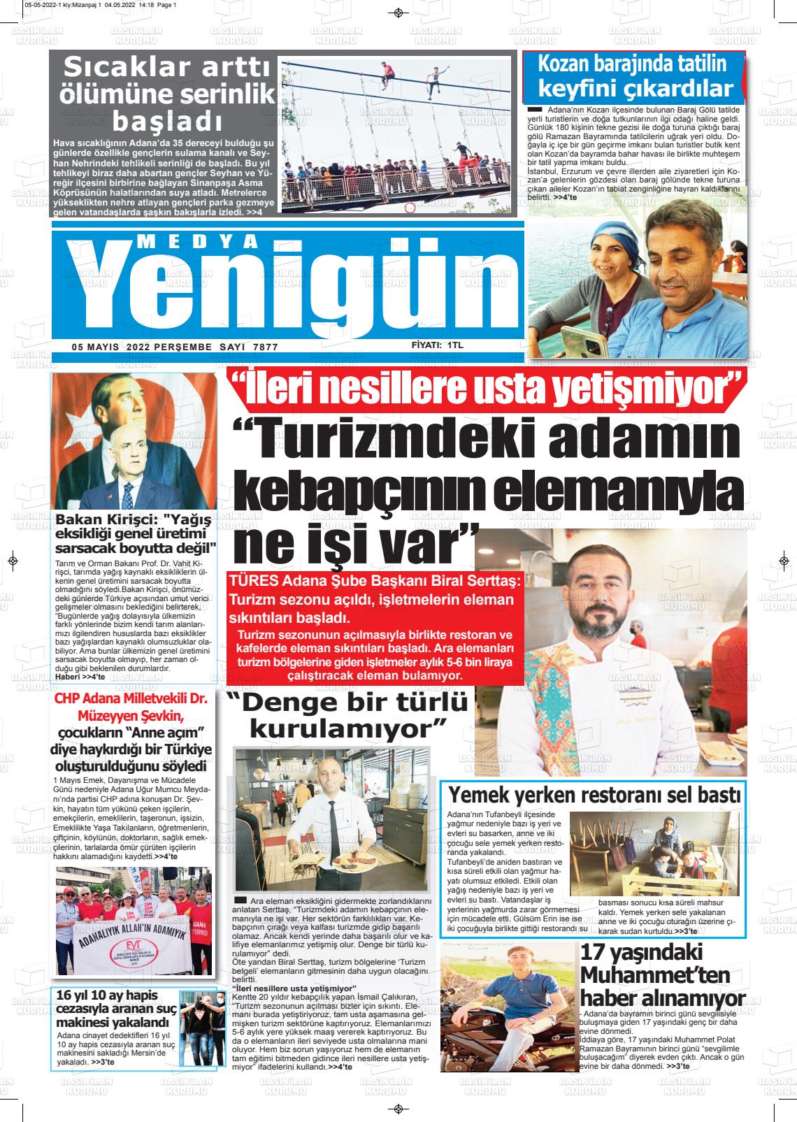 05 Mayıs 2022 Medya Yenigün Gazete Manşeti