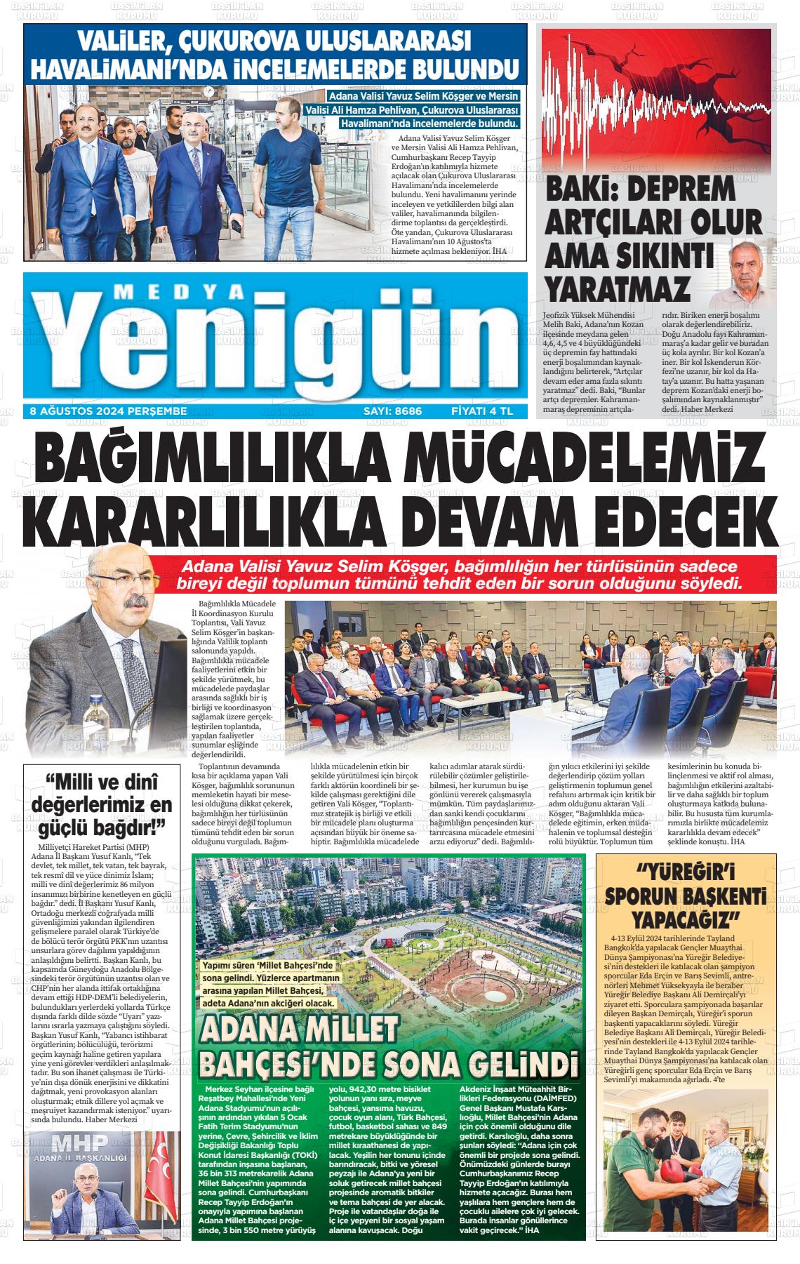 08 Ağustos 2024 Medya Yenigün Gazete Manşeti