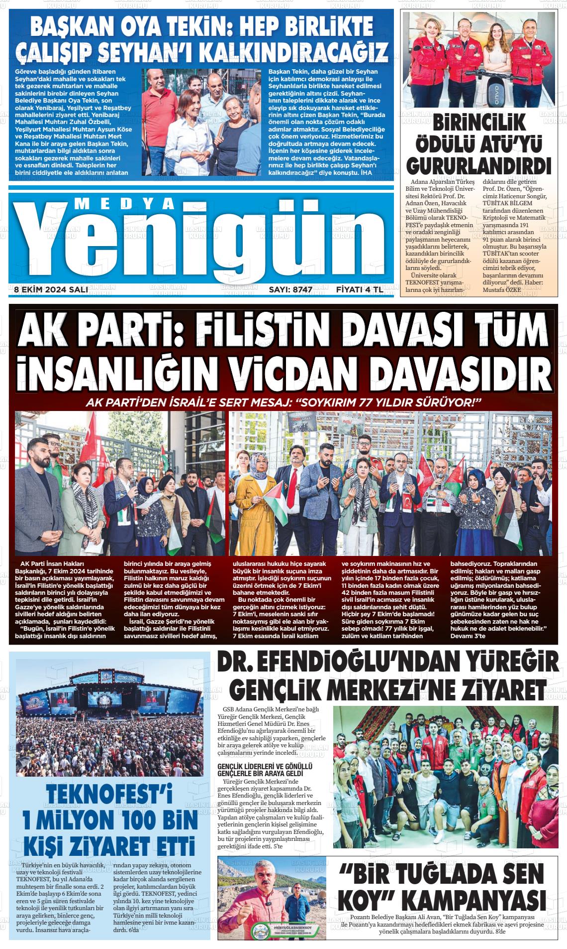 08 Ekim 2024 Medya Yenigün Gazete Manşeti