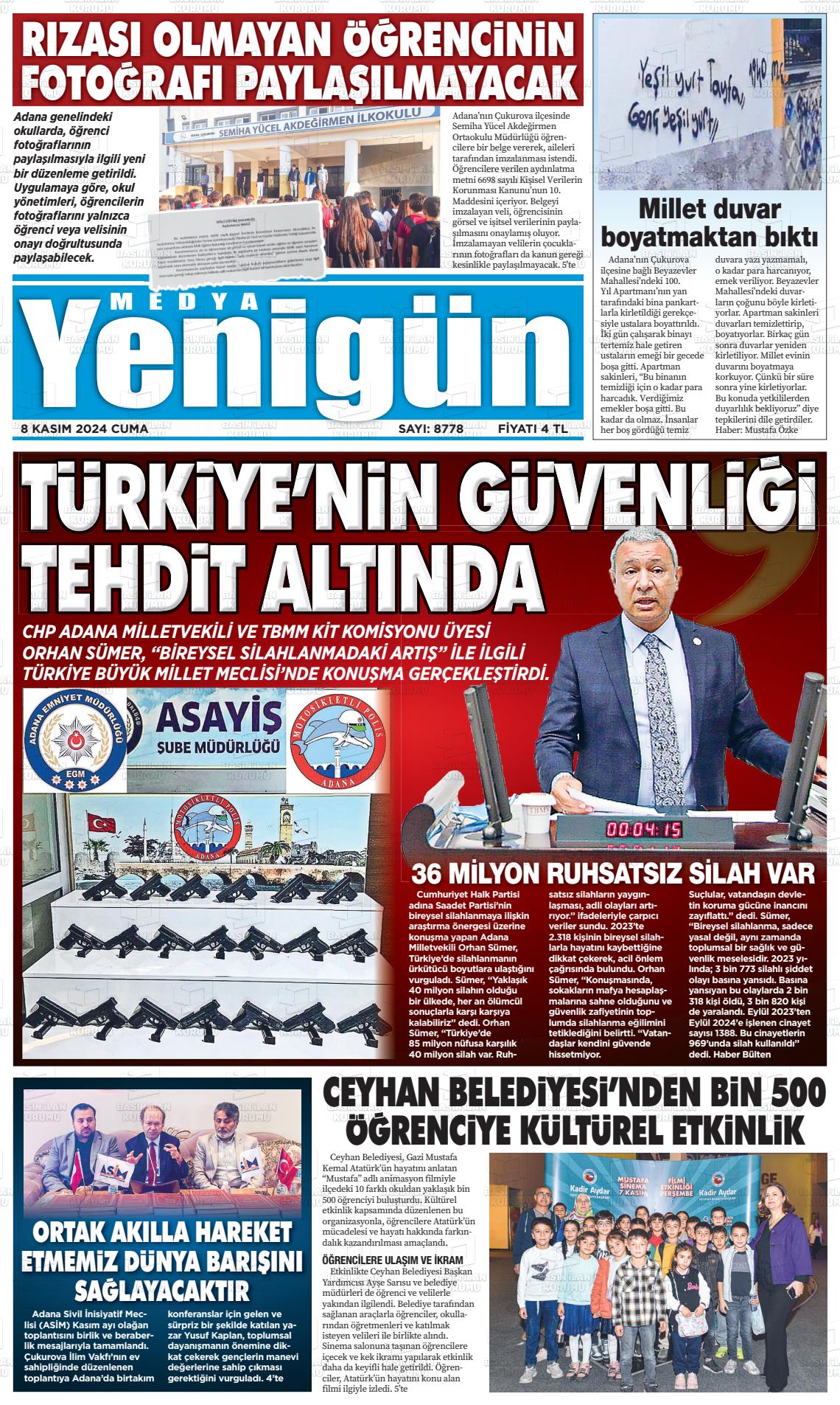 08 Kasım 2024 Medya Yenigün Gazete Manşeti