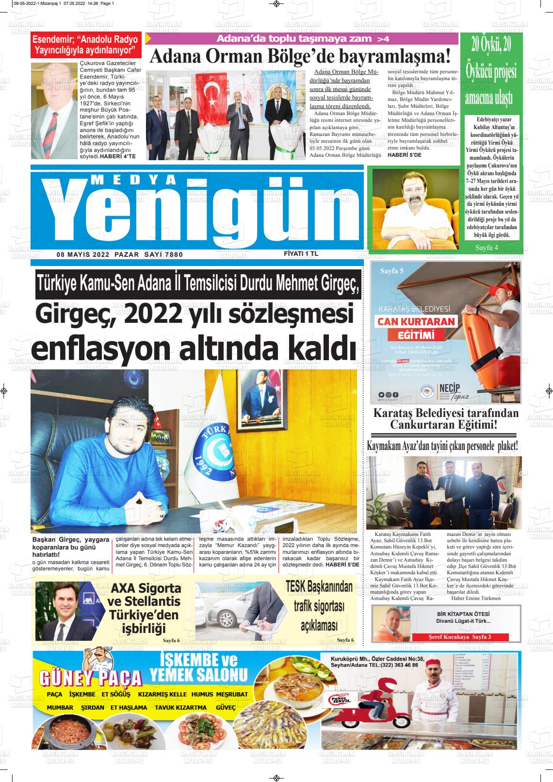 08 Mayıs 2022 Medya Yenigün Gazete Manşeti