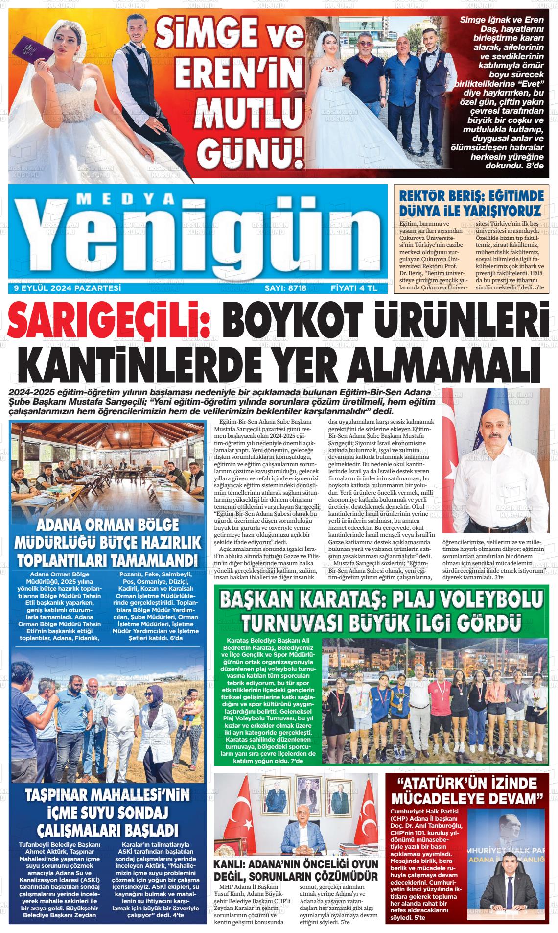 09 Eylül 2024 Medya Yenigün Gazete Manşeti