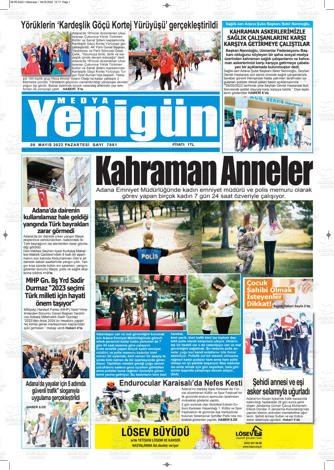 09 Mayıs 2022 Medya Yenigün Gazete Manşeti