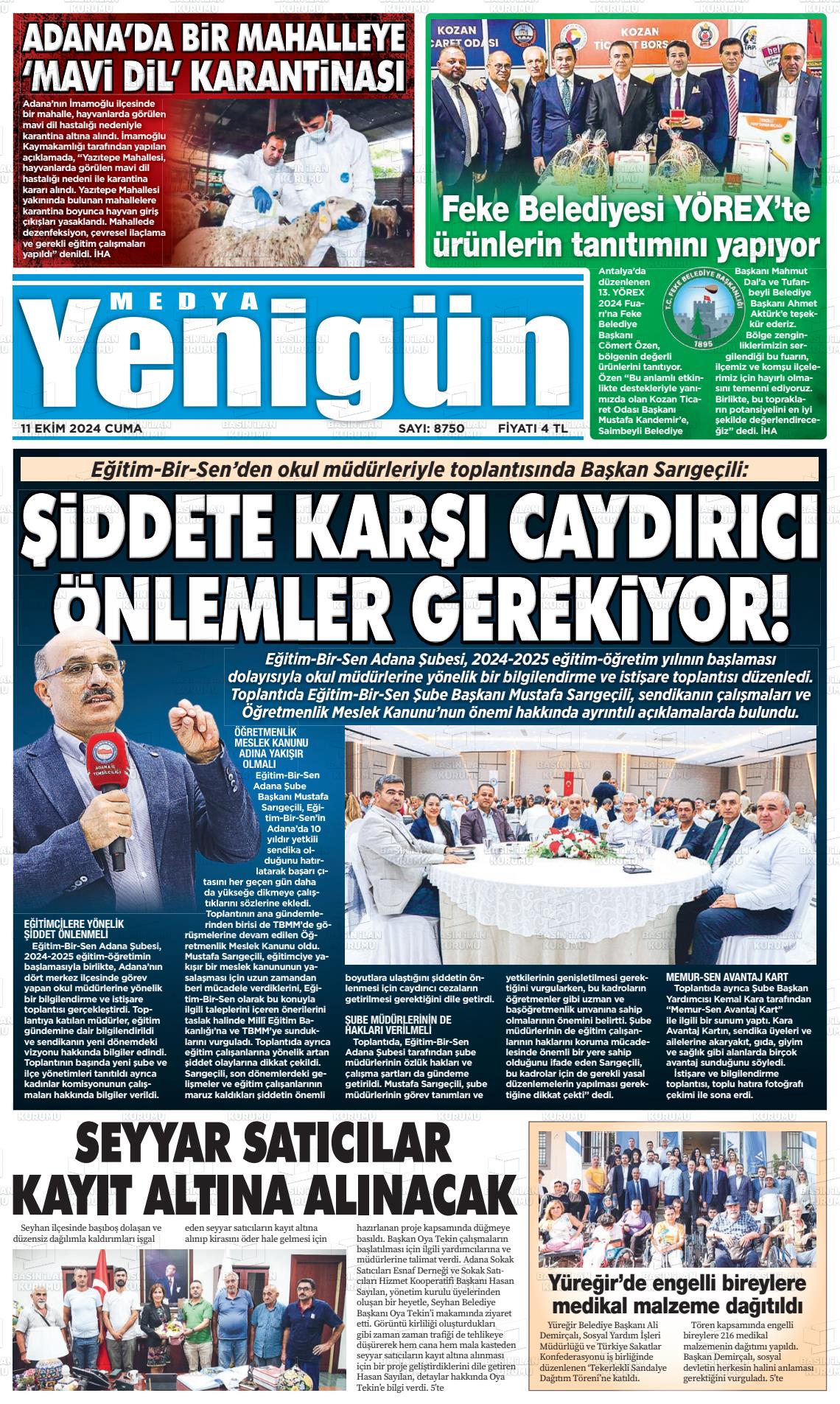 11 Ekim 2024 Medya Yenigün Gazete Manşeti