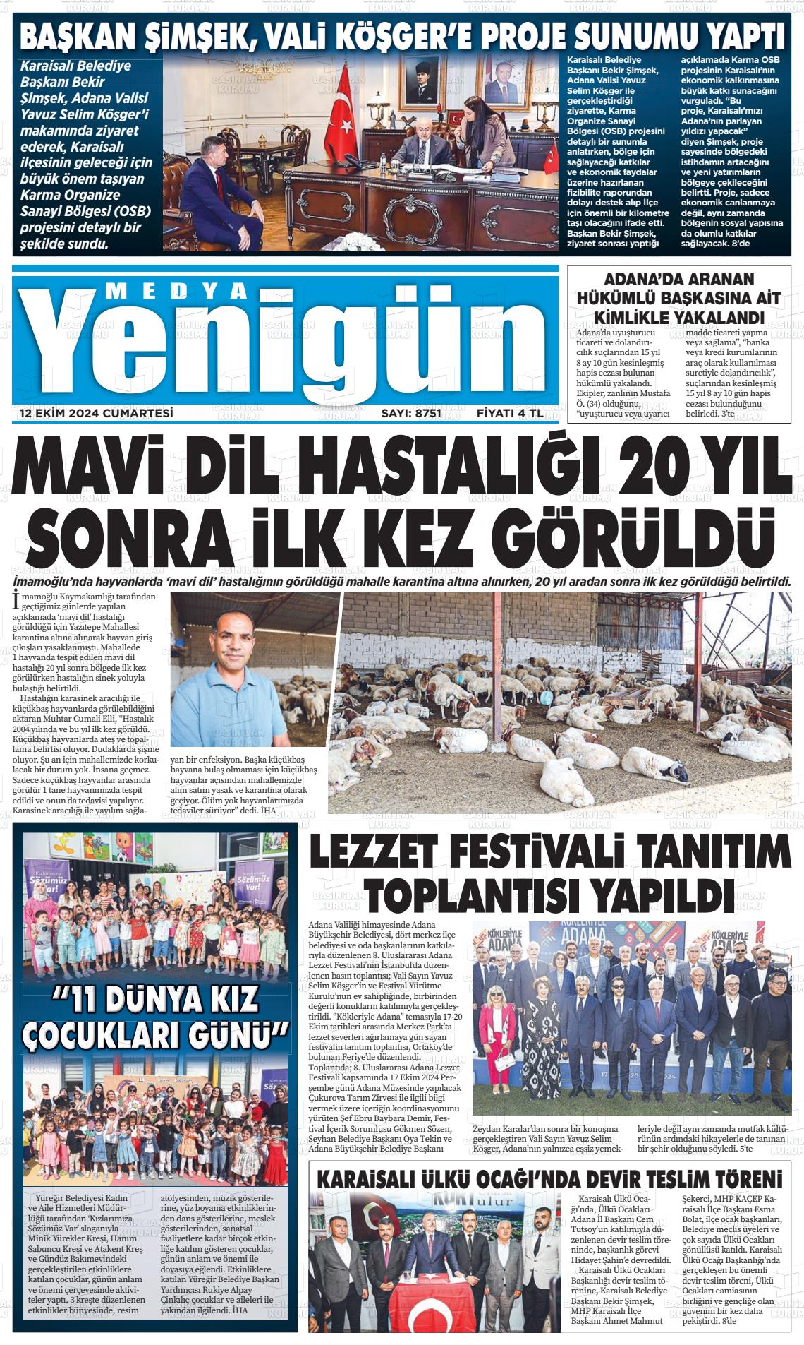 12 Ekim 2024 Medya Yenigün Gazete Manşeti