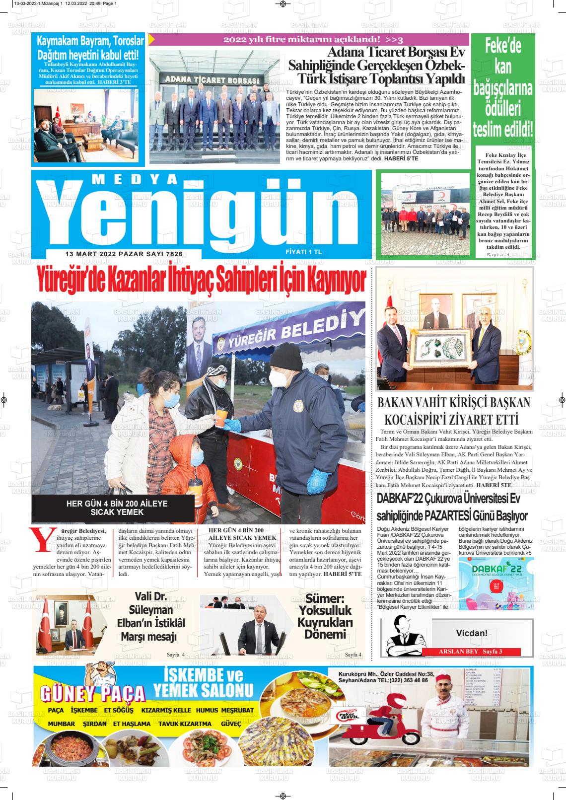 13 Mart 2022 Medya Yenigün Gazete Manşeti