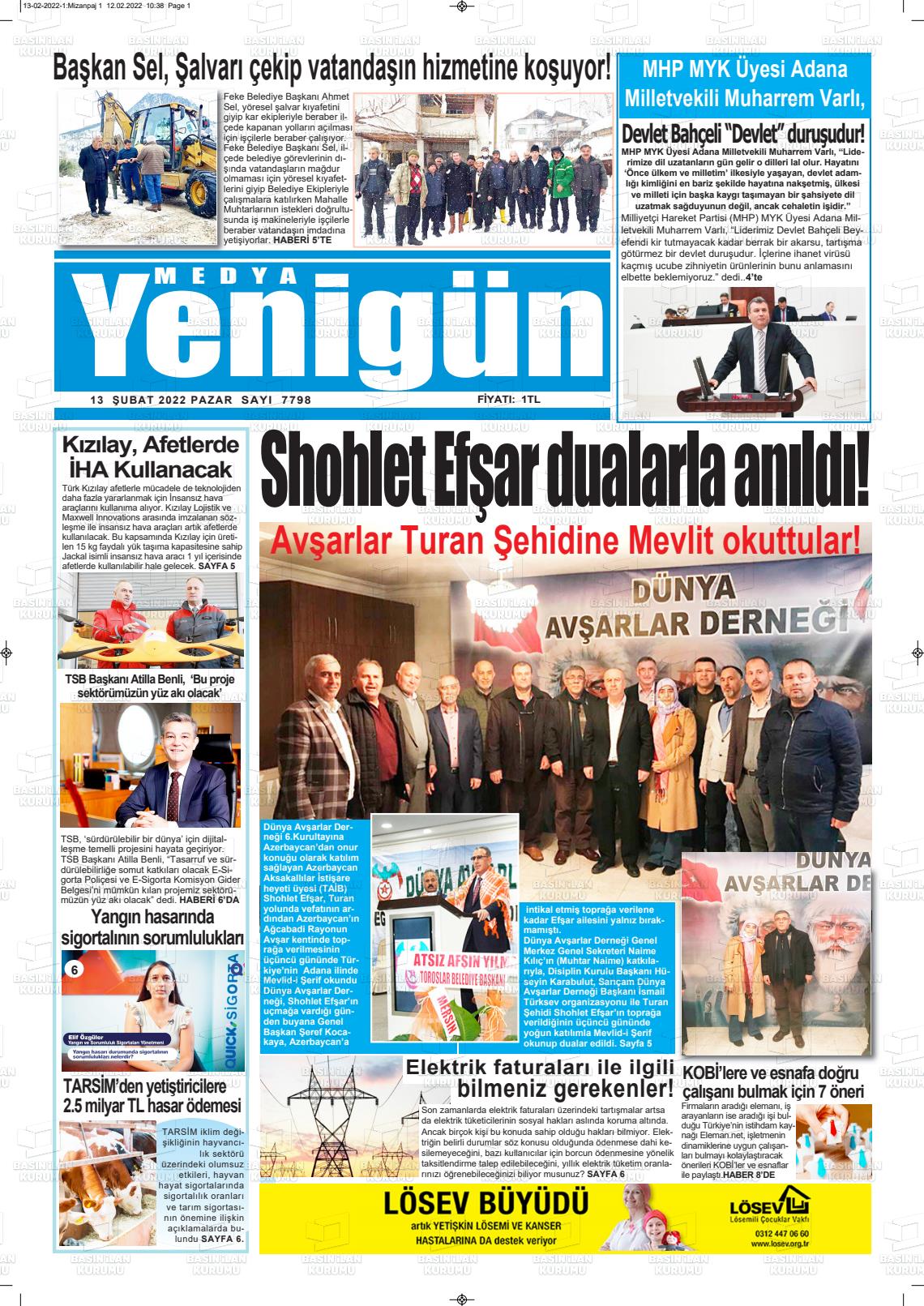 13 Şubat 2022 Medya Yenigün Gazete Manşeti