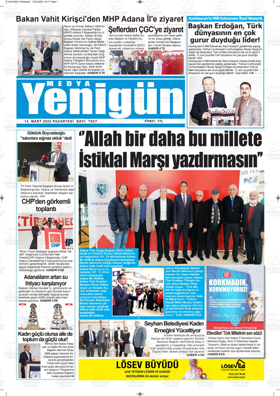 14 Mart 2022 Medya Yenigün Gazete Manşeti