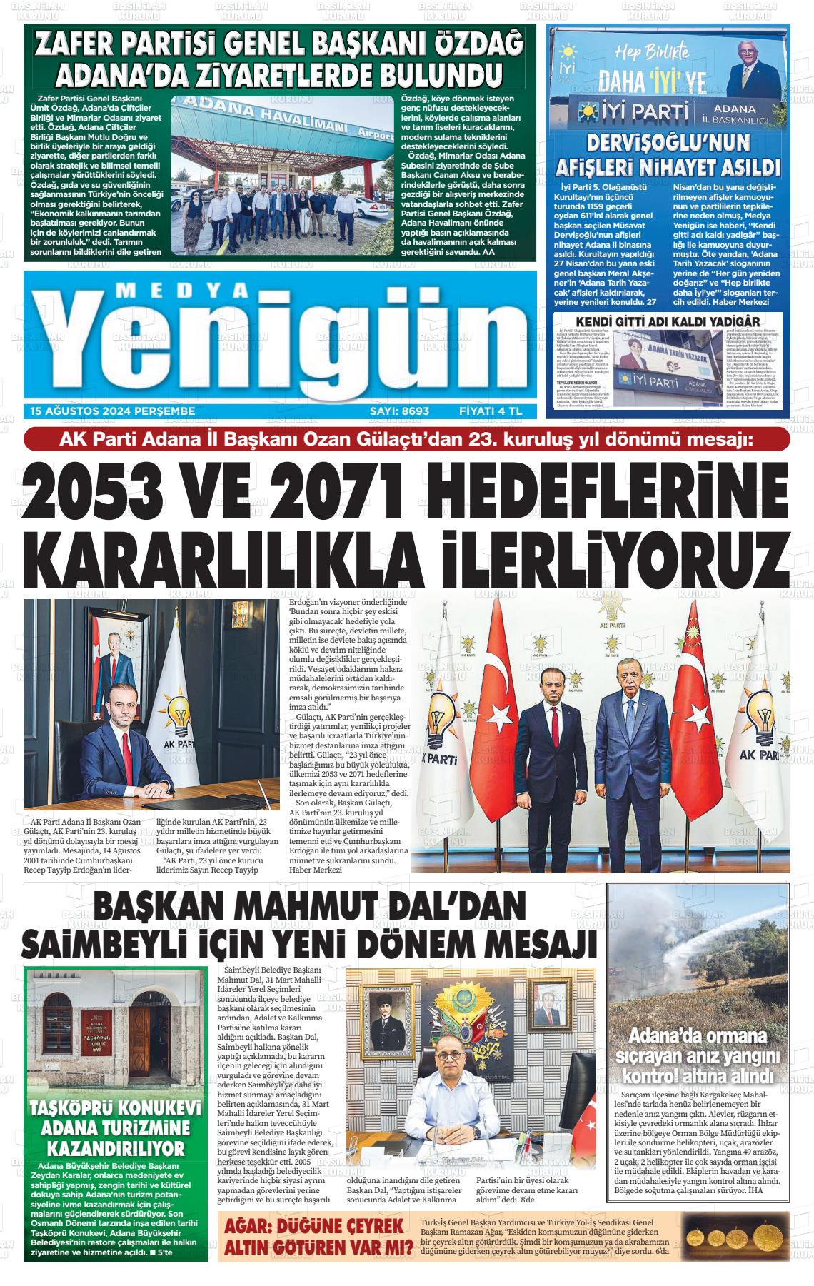 15 Ağustos 2024 Medya Yenigün Gazete Manşeti