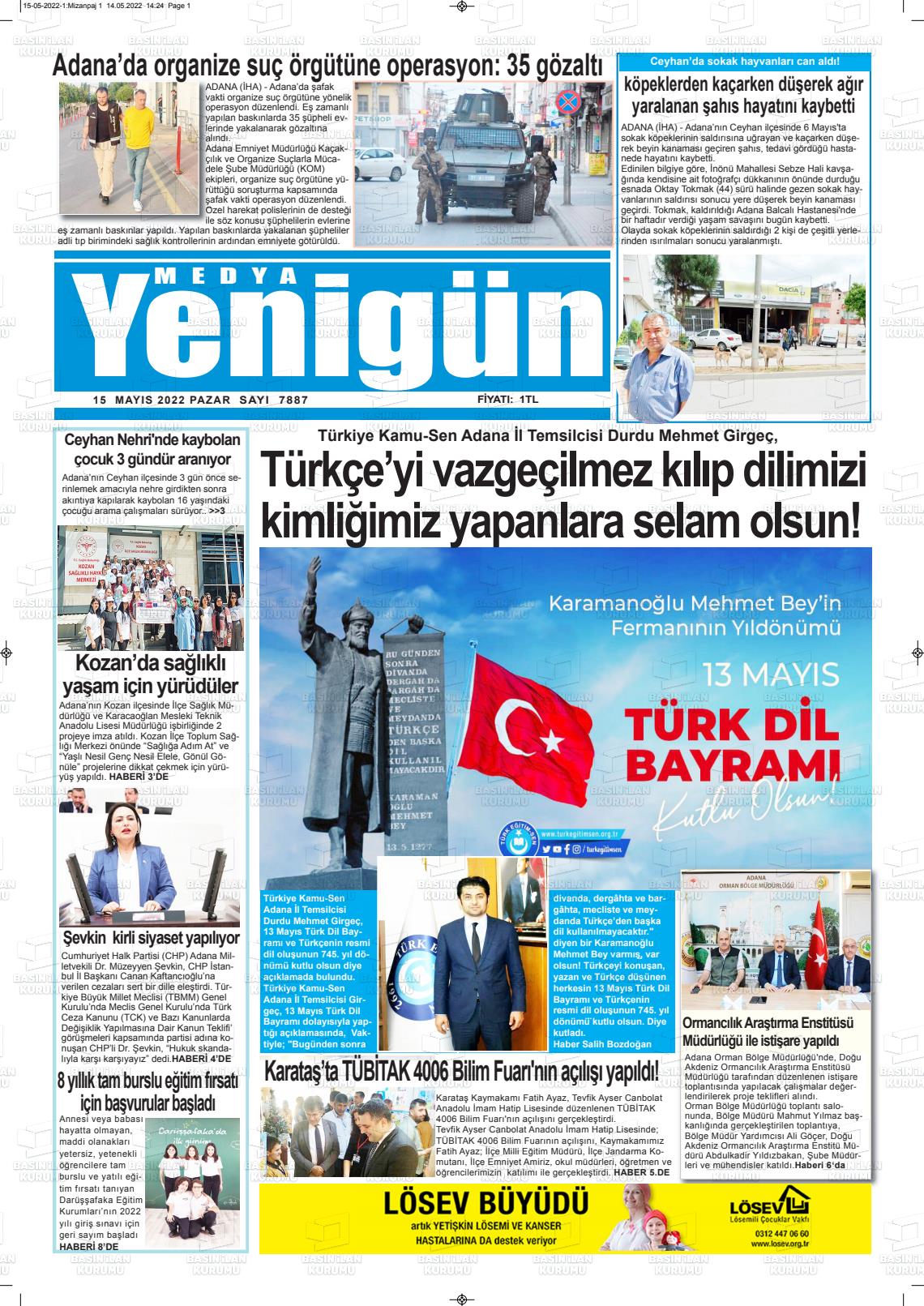 15 Mayıs 2022 Medya Yenigün Gazete Manşeti