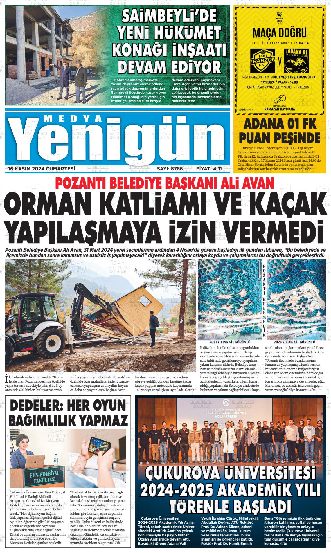 16 Kasım 2024 Medya Yenigün Gazete Manşeti