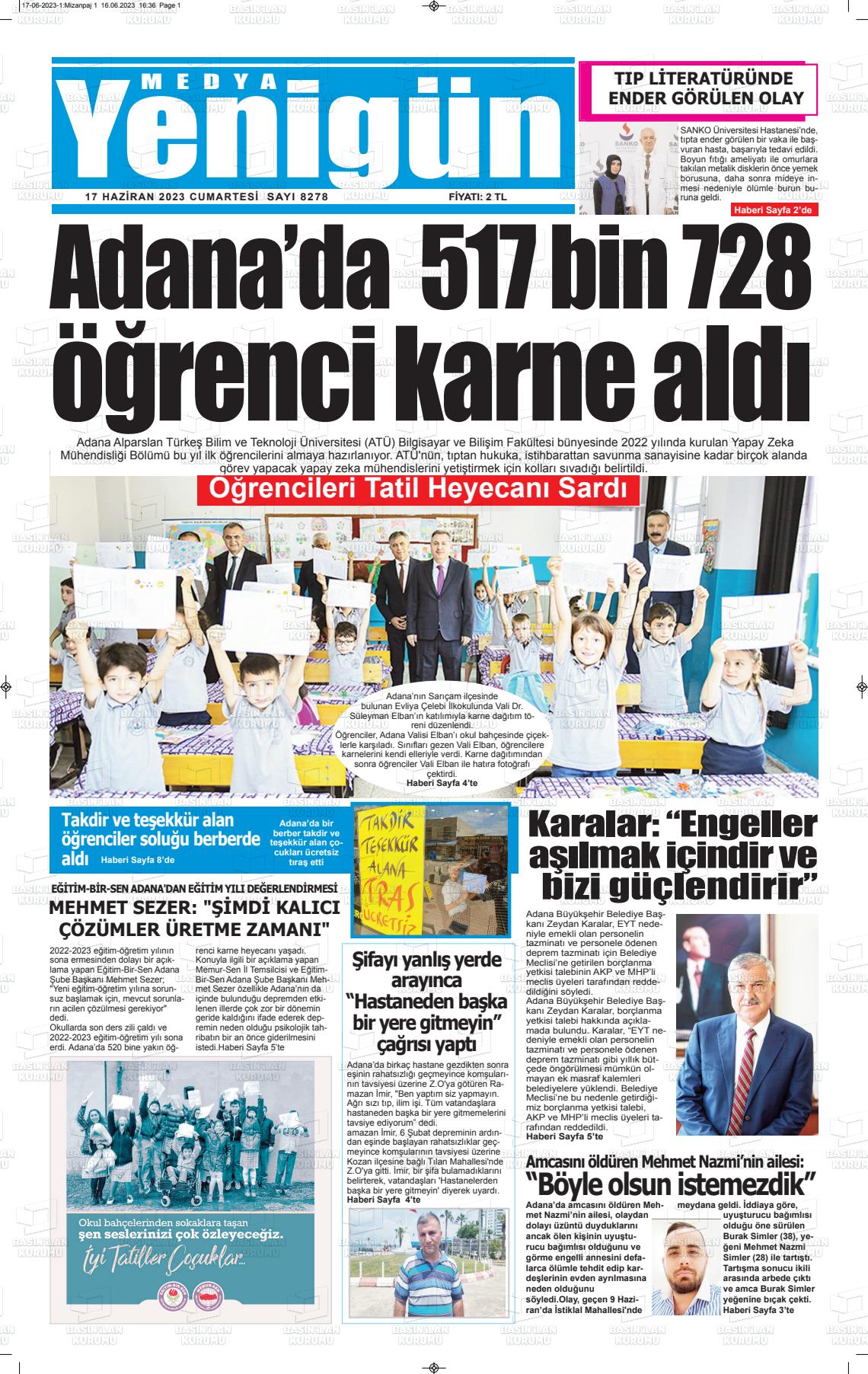 17 Haziran 2023 Medya Yenigün Gazete Manşeti