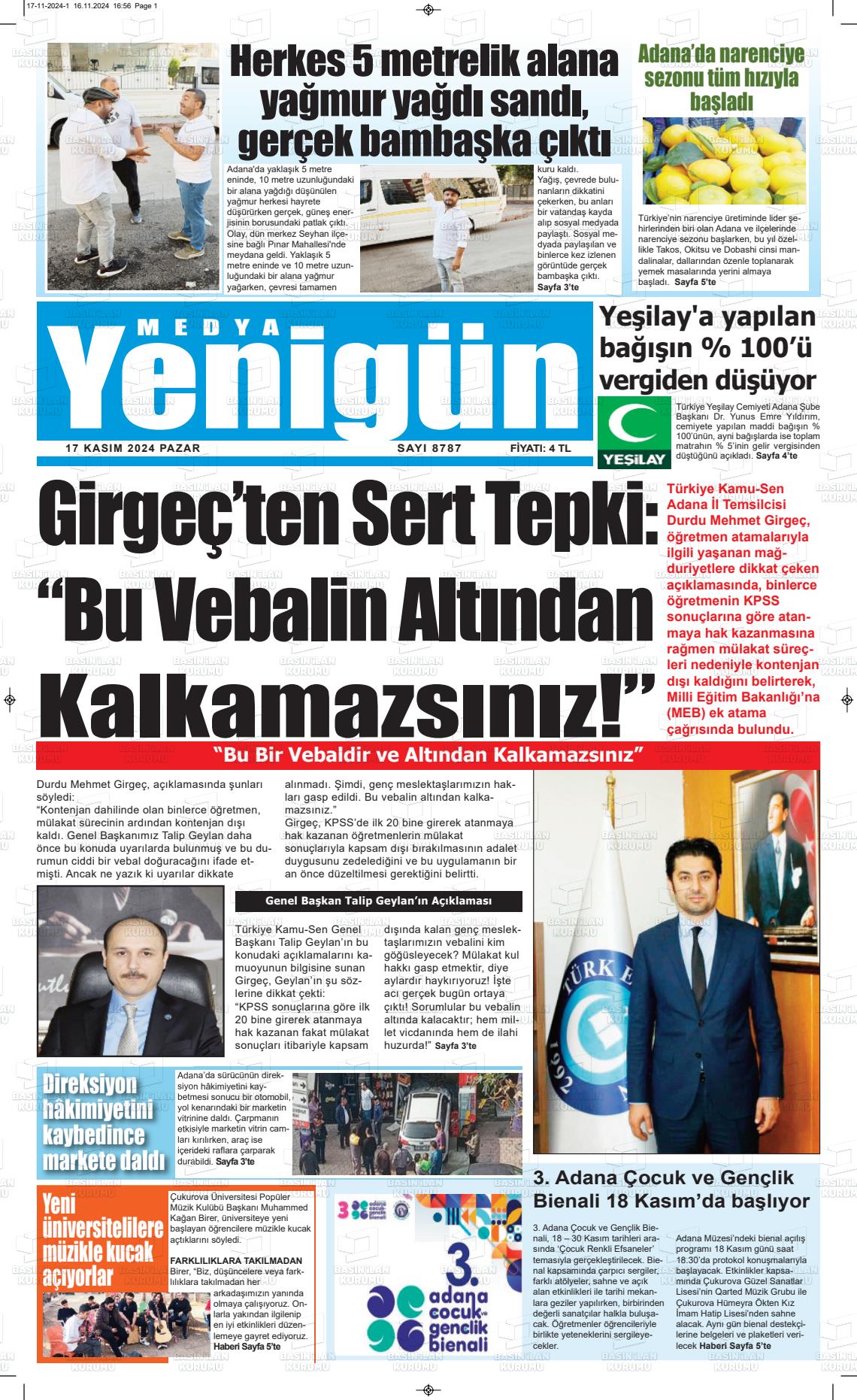 17 Kasım 2024 Medya Yenigün Gazete Manşeti