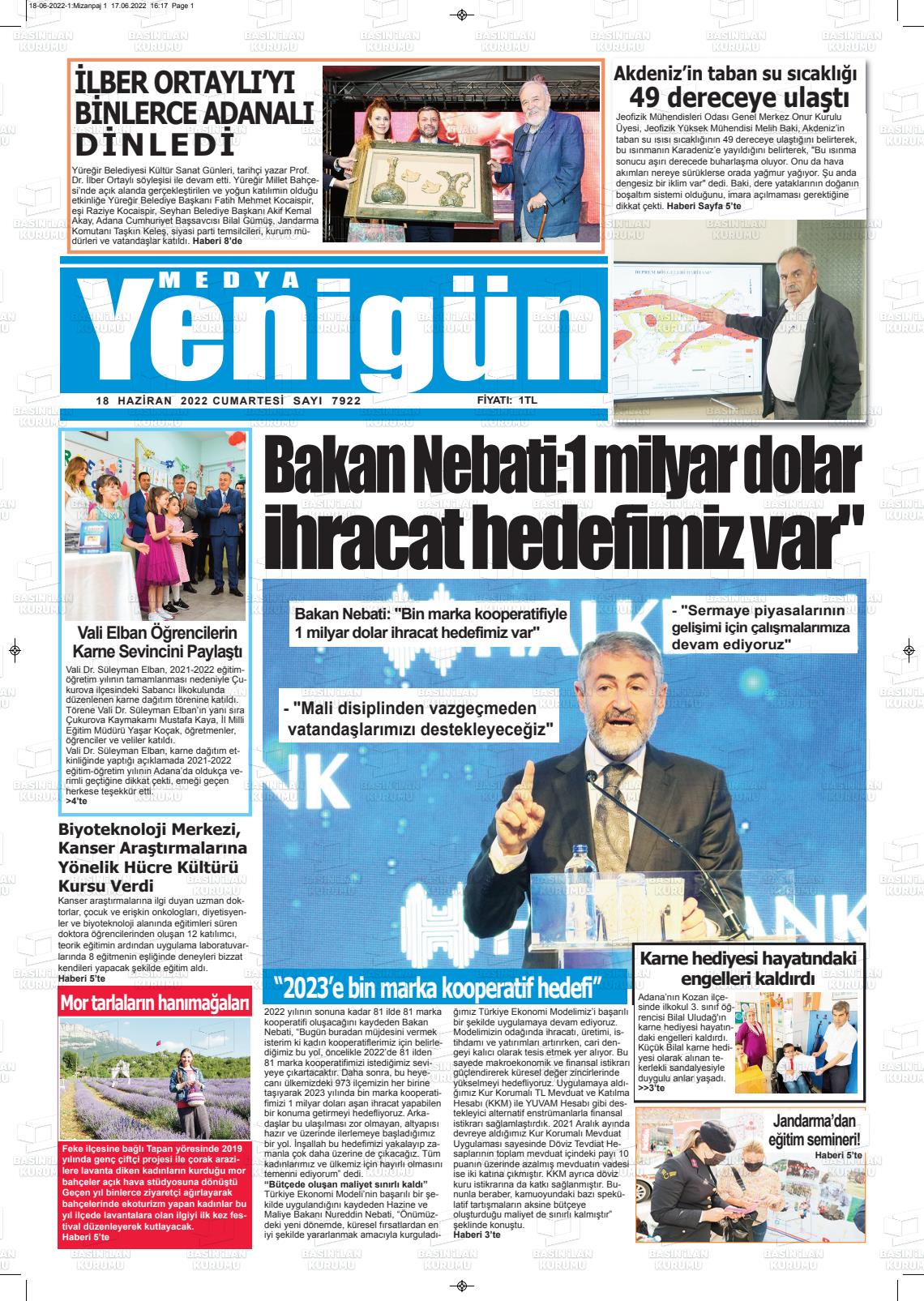 18 Haziran 2022 Medya Yenigün Gazete Manşeti