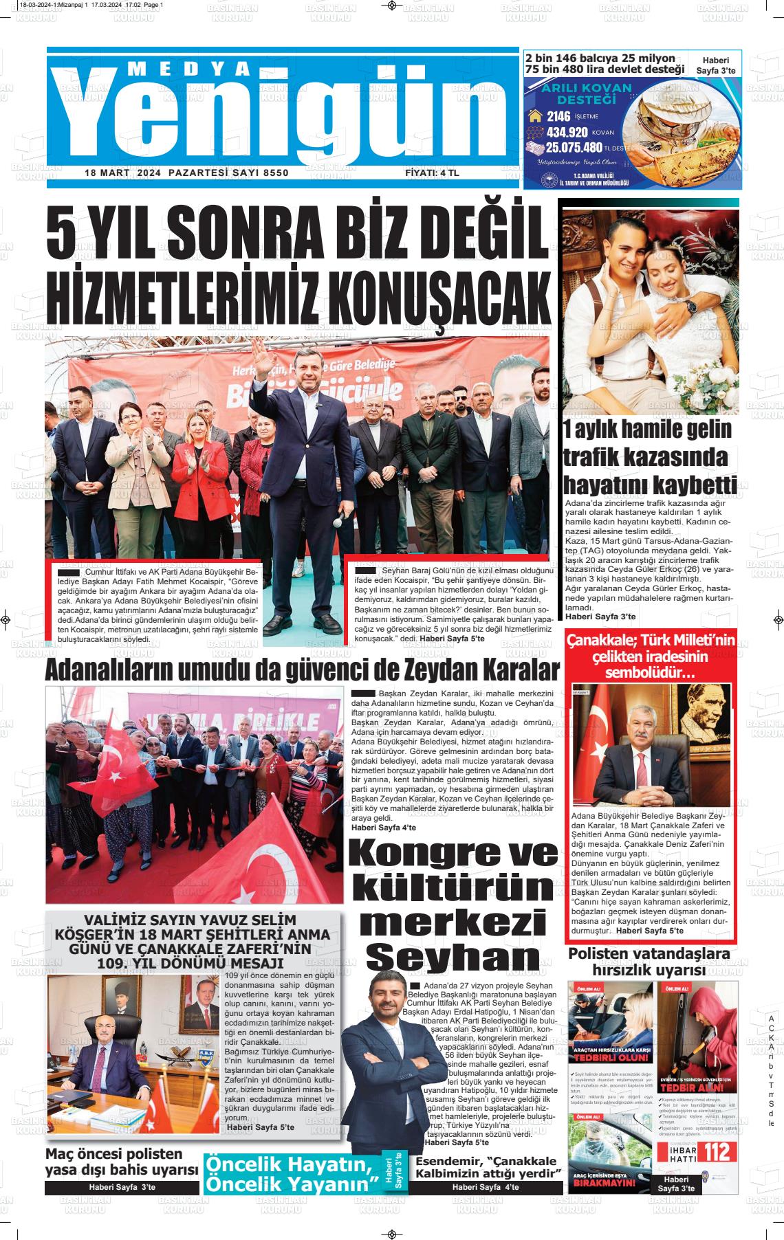 18 Mart 2024 Medya Yenigün Gazete Manşeti