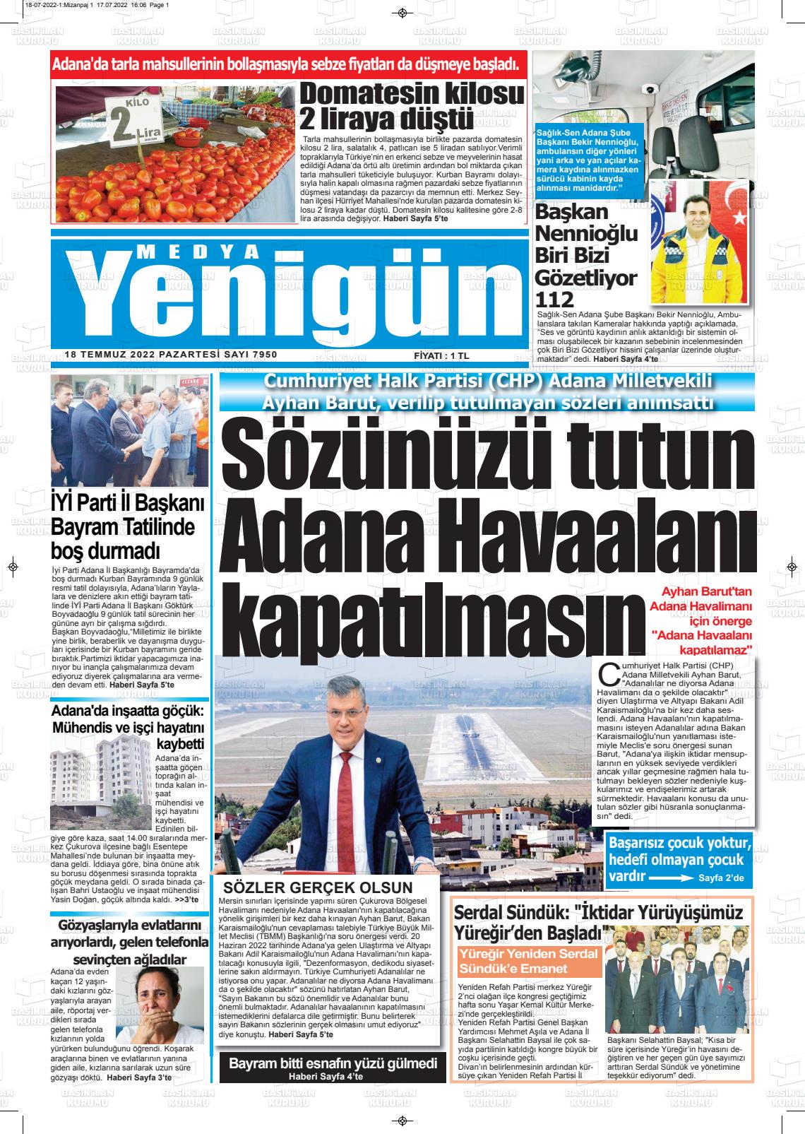 18 Temmuz 2022 Medya Yenigün Gazete Manşeti