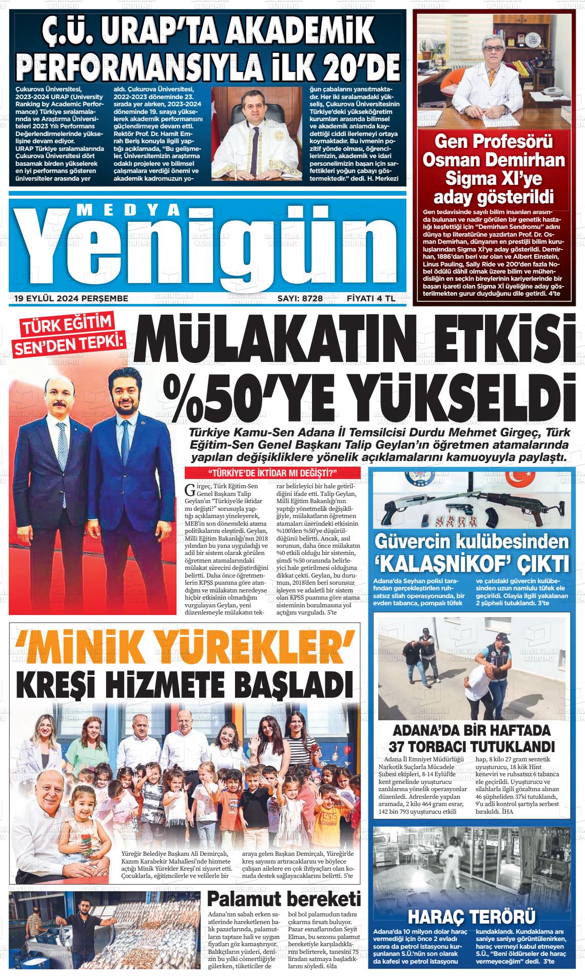 19 Eylül 2024 Medya Yenigün Gazete Manşeti