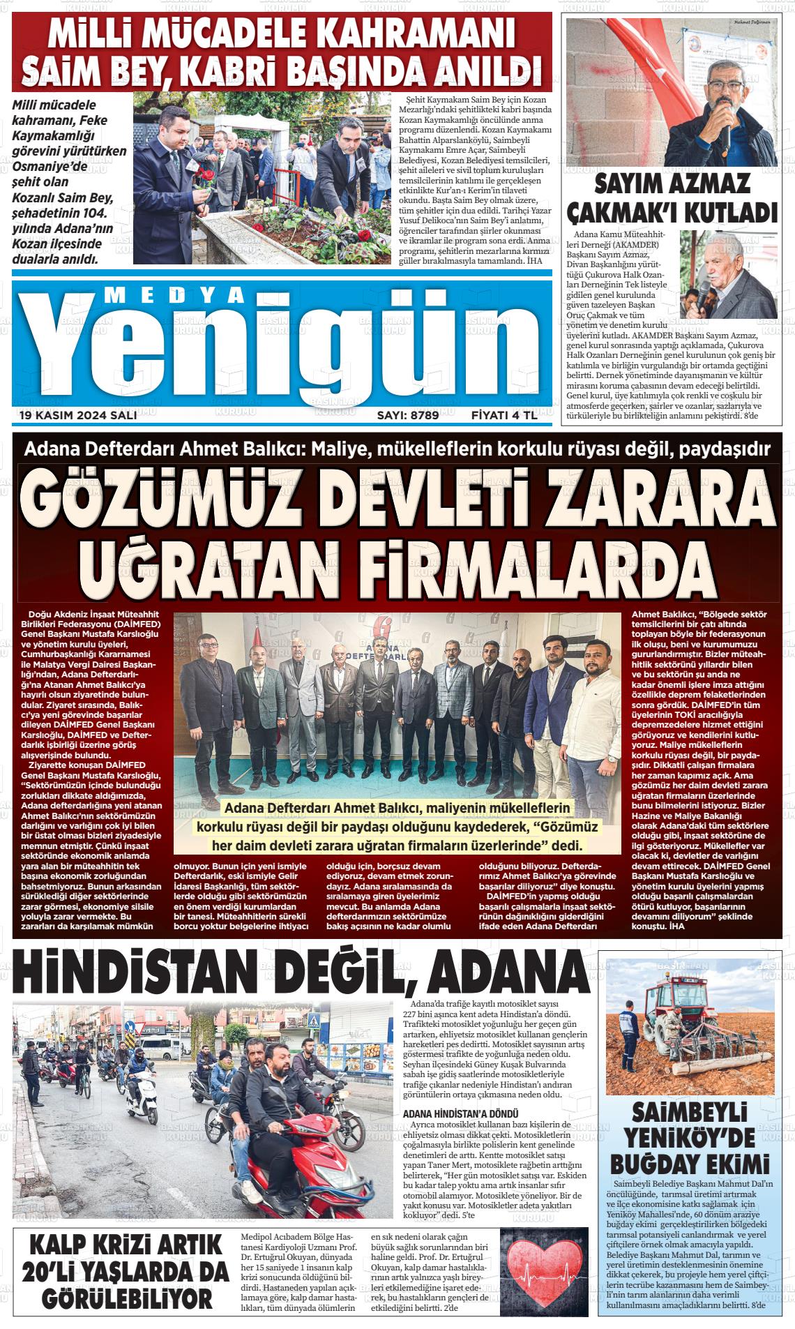 19 Kasım 2024 Medya Yenigün Gazete Manşeti