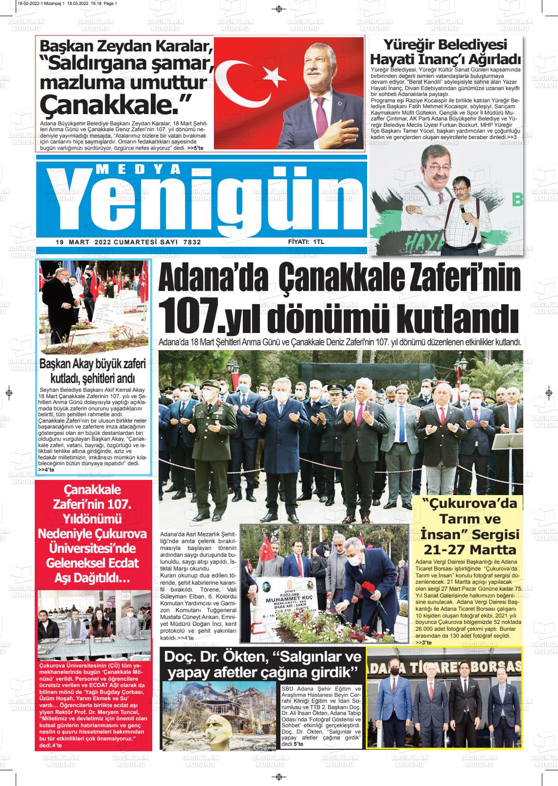 19 Mart 2022 Medya Yenigün Gazete Manşeti