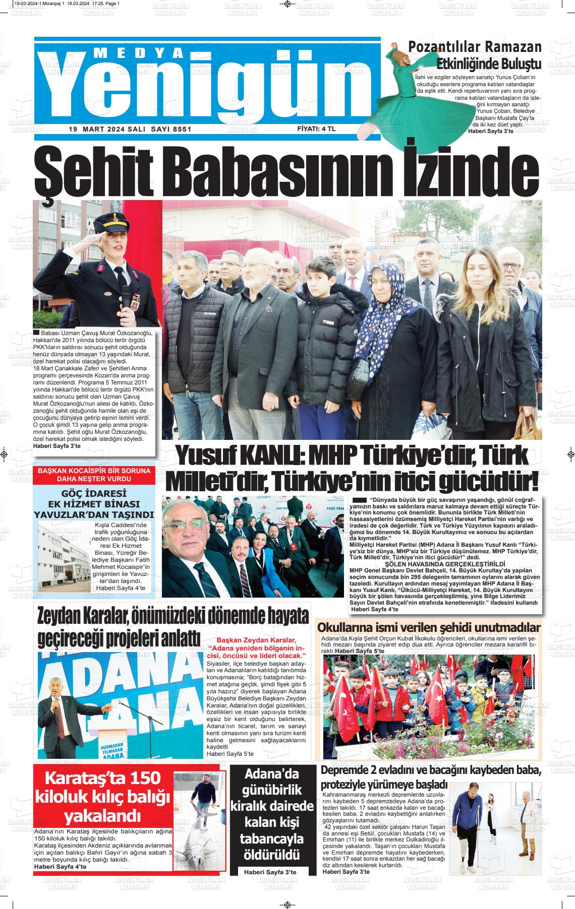 19 Mart 2024 Medya Yenigün Gazete Manşeti