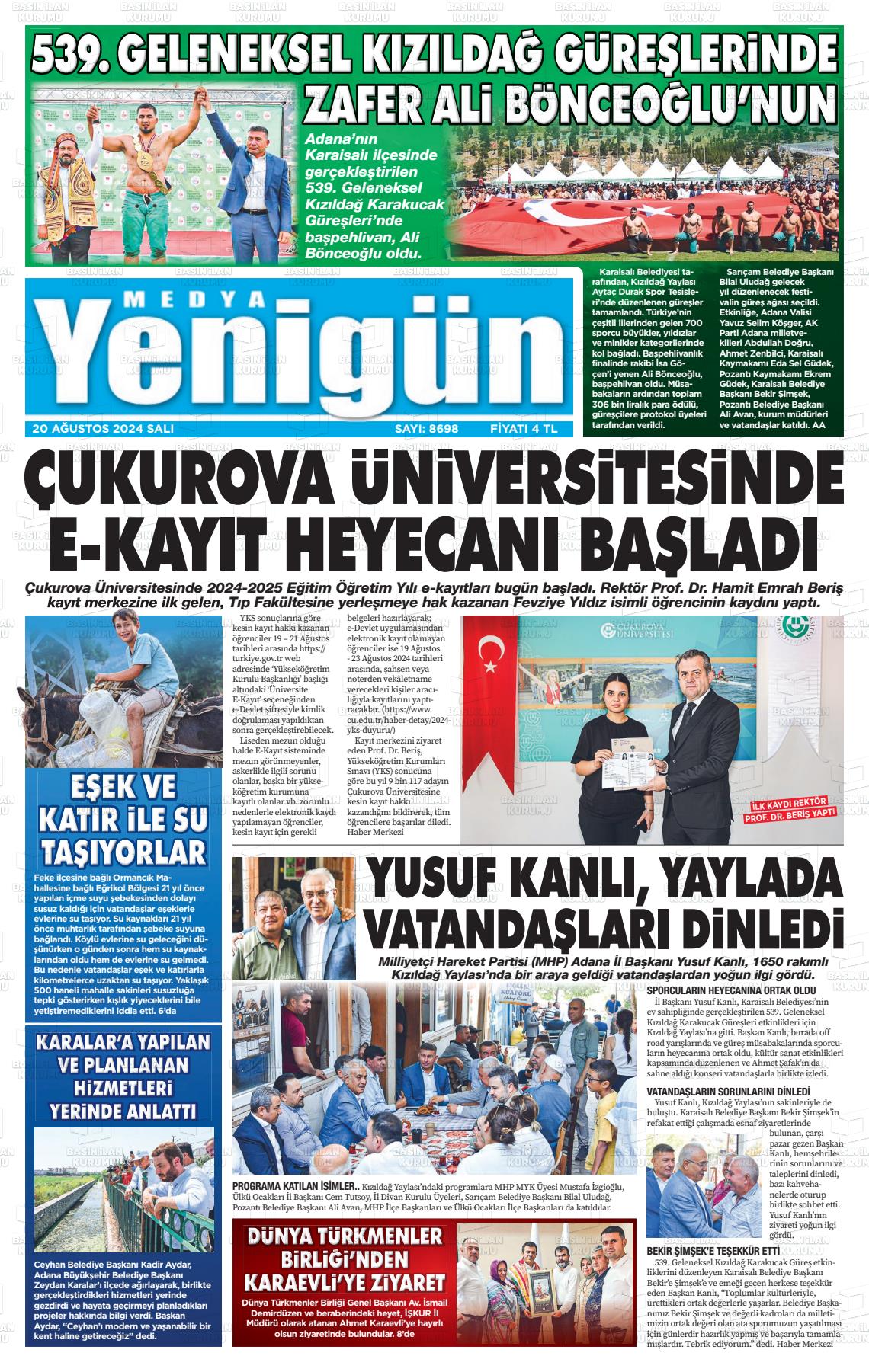 20 Ağustos 2024 Medya Yenigün Gazete Manşeti