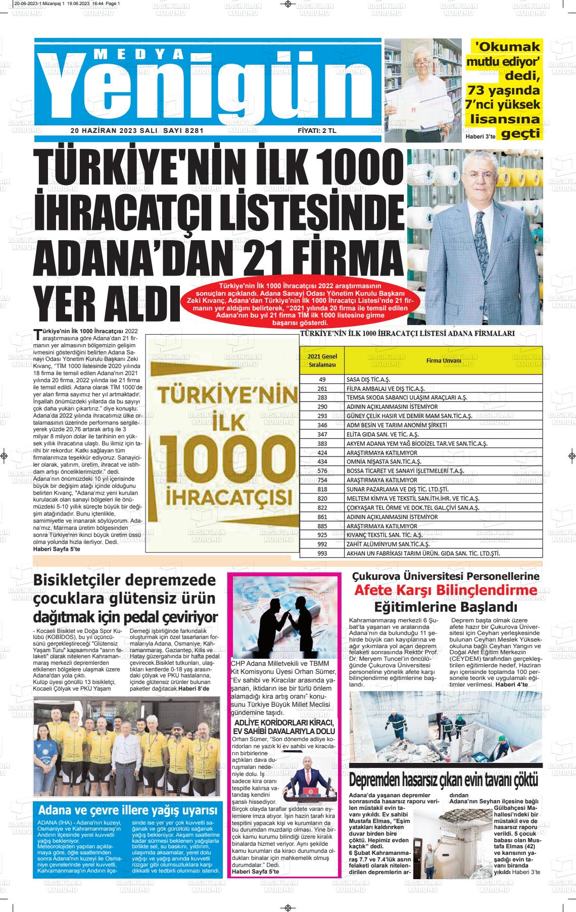 20 Haziran 2023 Medya Yenigün Gazete Manşeti