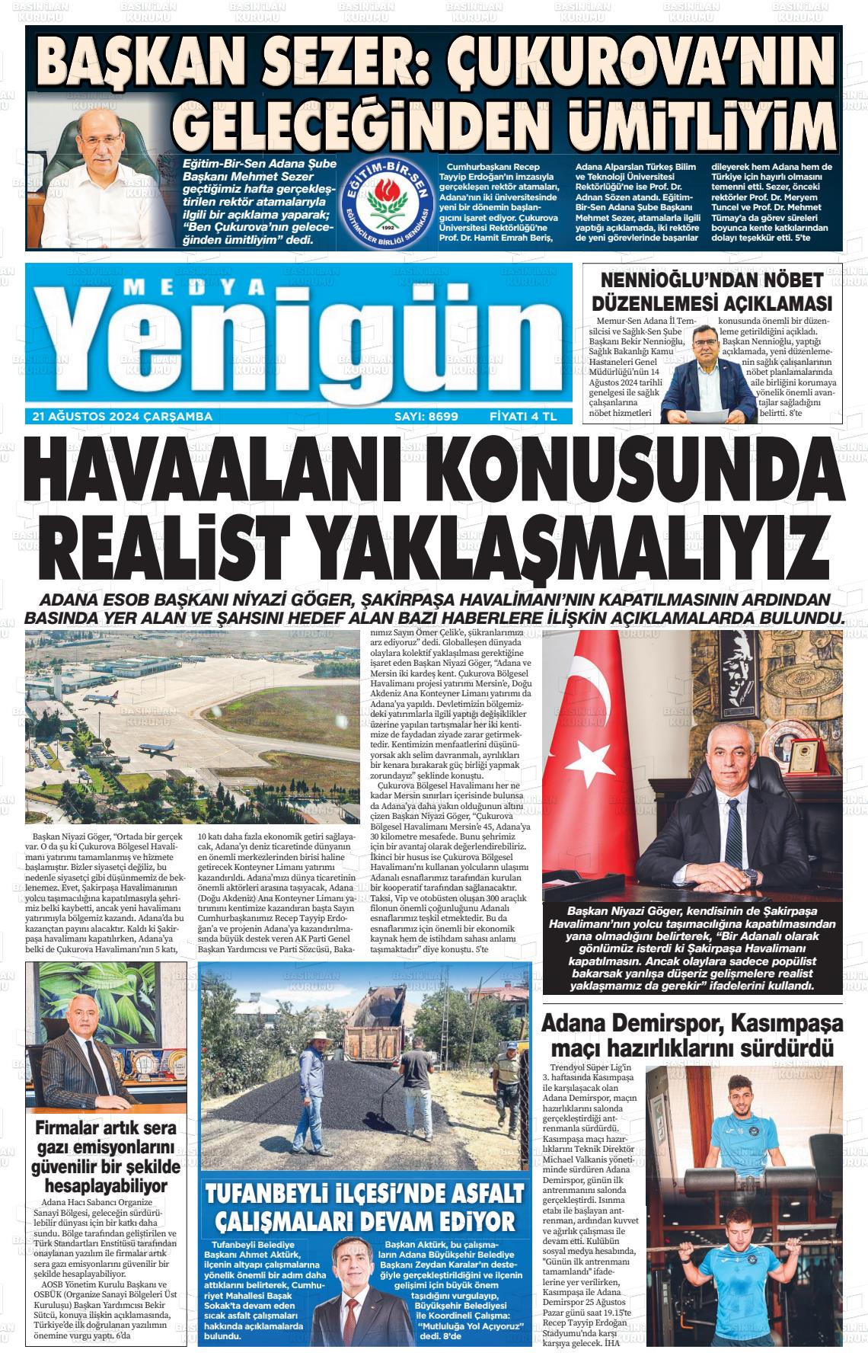 21 Ağustos 2024 Medya Yenigün Gazete Manşeti