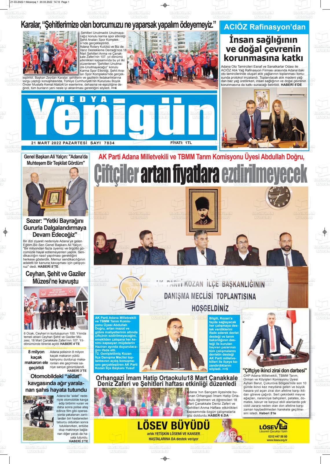 21 Mart 2022 Medya Yenigün Gazete Manşeti