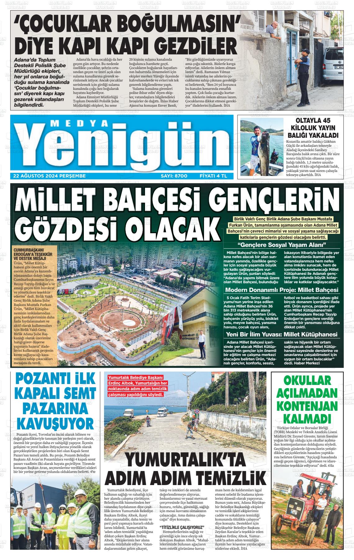 22 Ağustos 2024 Medya Yenigün Gazete Manşeti