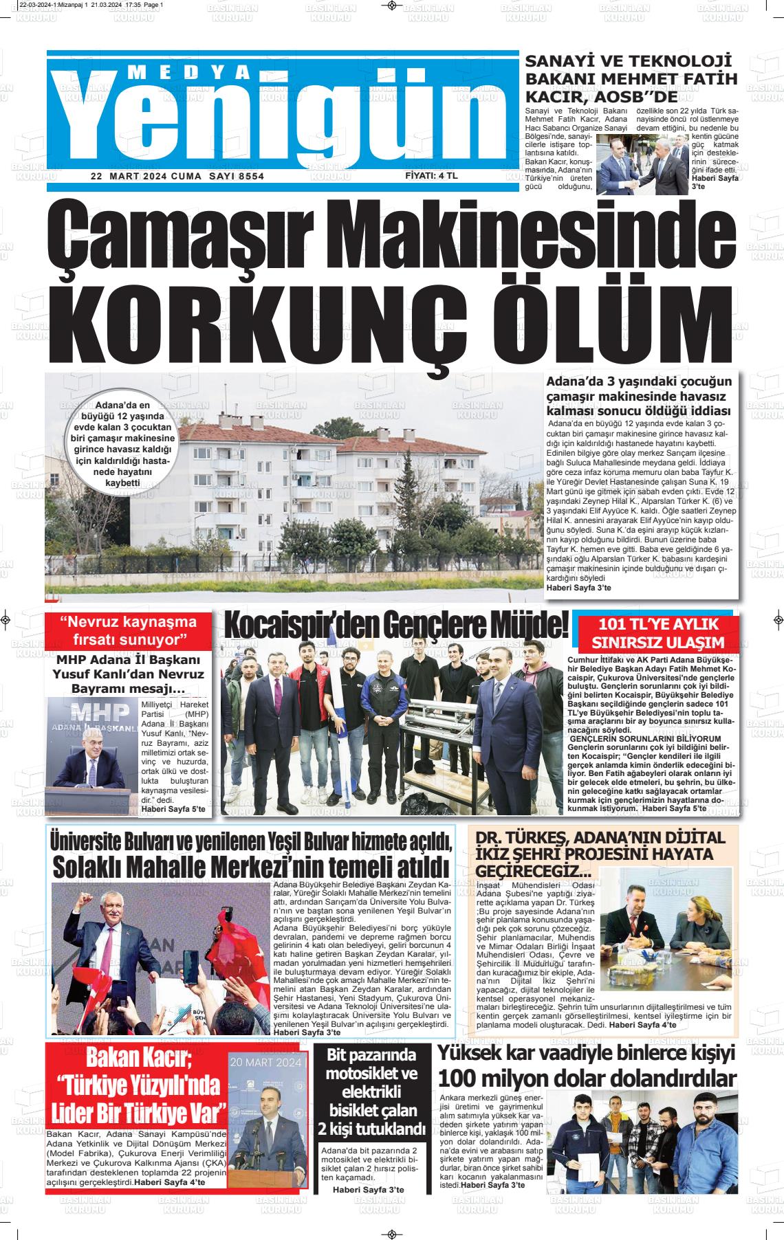 22 Mart 2024 Medya Yenigün Gazete Manşeti