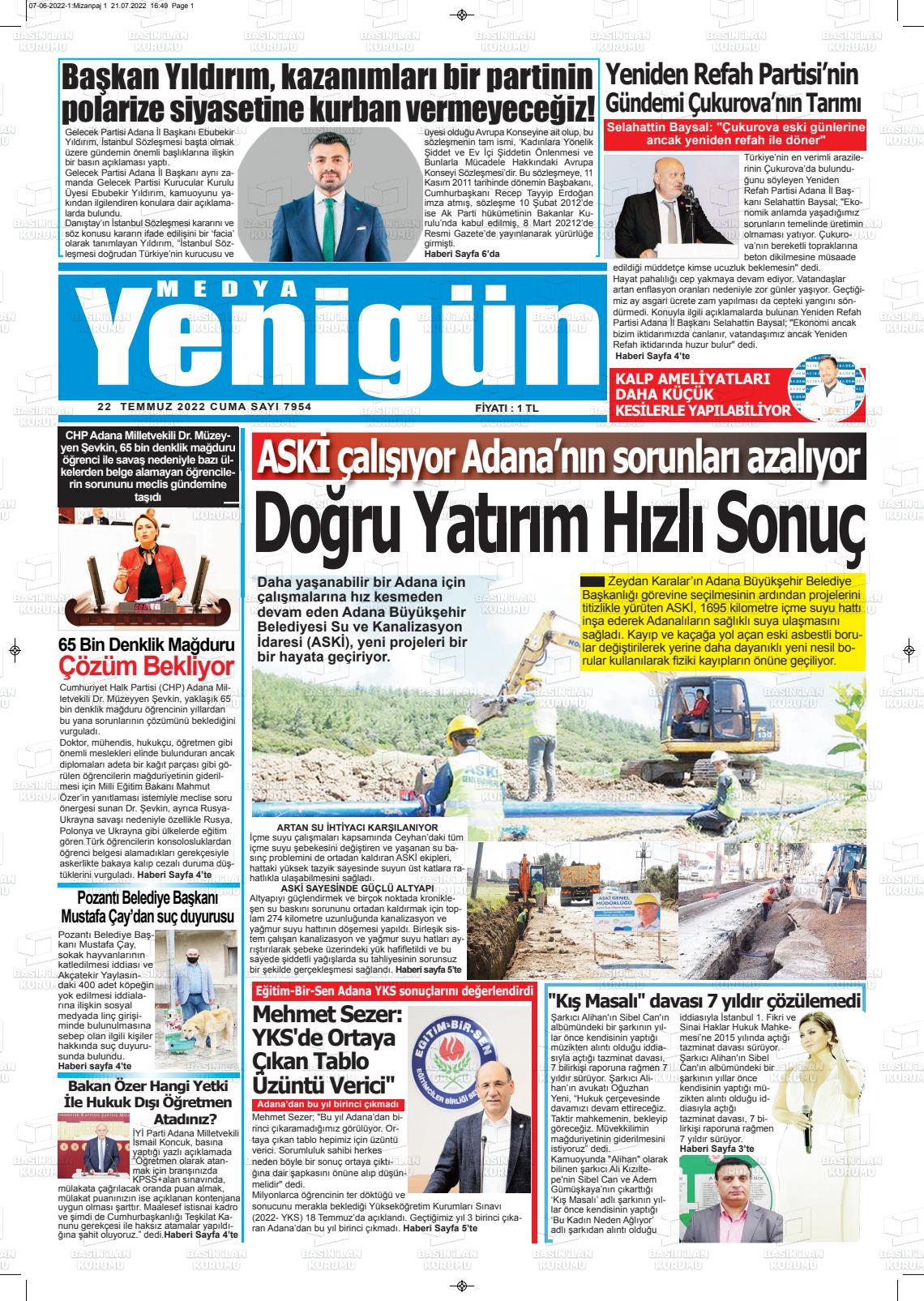 19 Eylül 2022 Medya Yenigün Gazete Manşeti