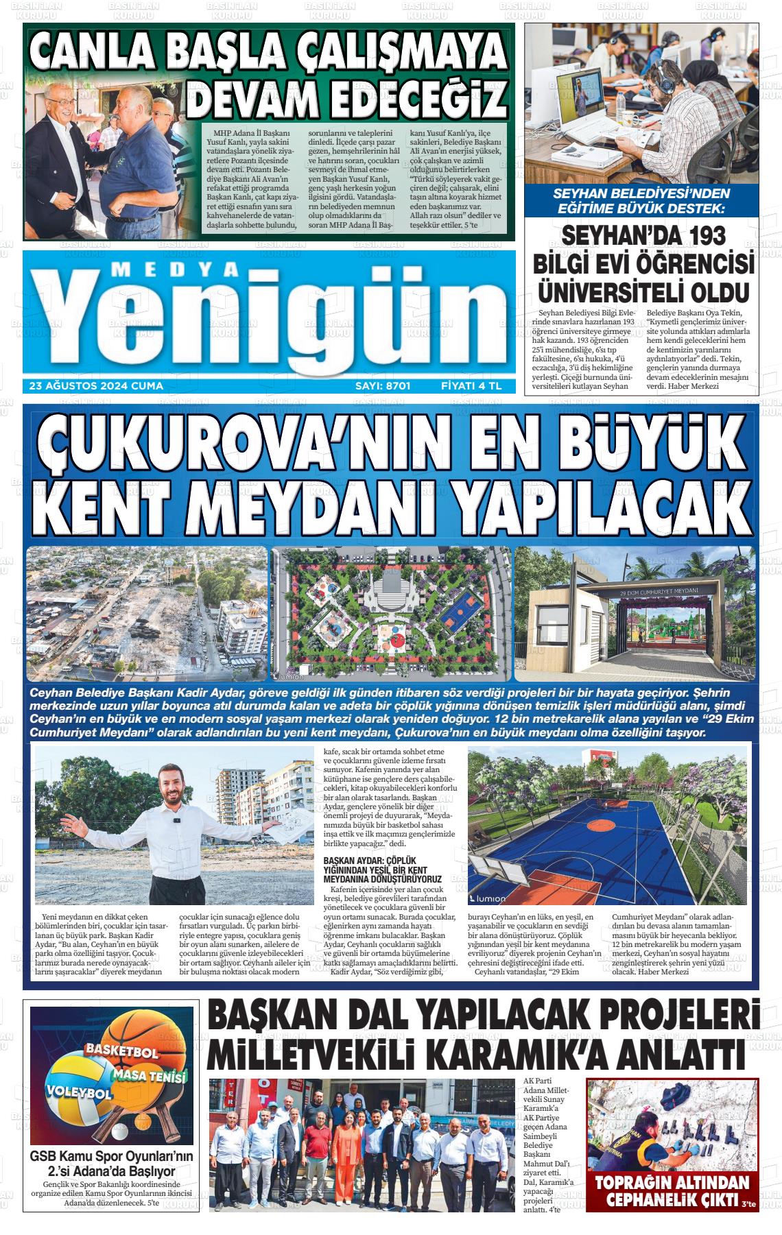 23 Ağustos 2024 Medya Yenigün Gazete Manşeti