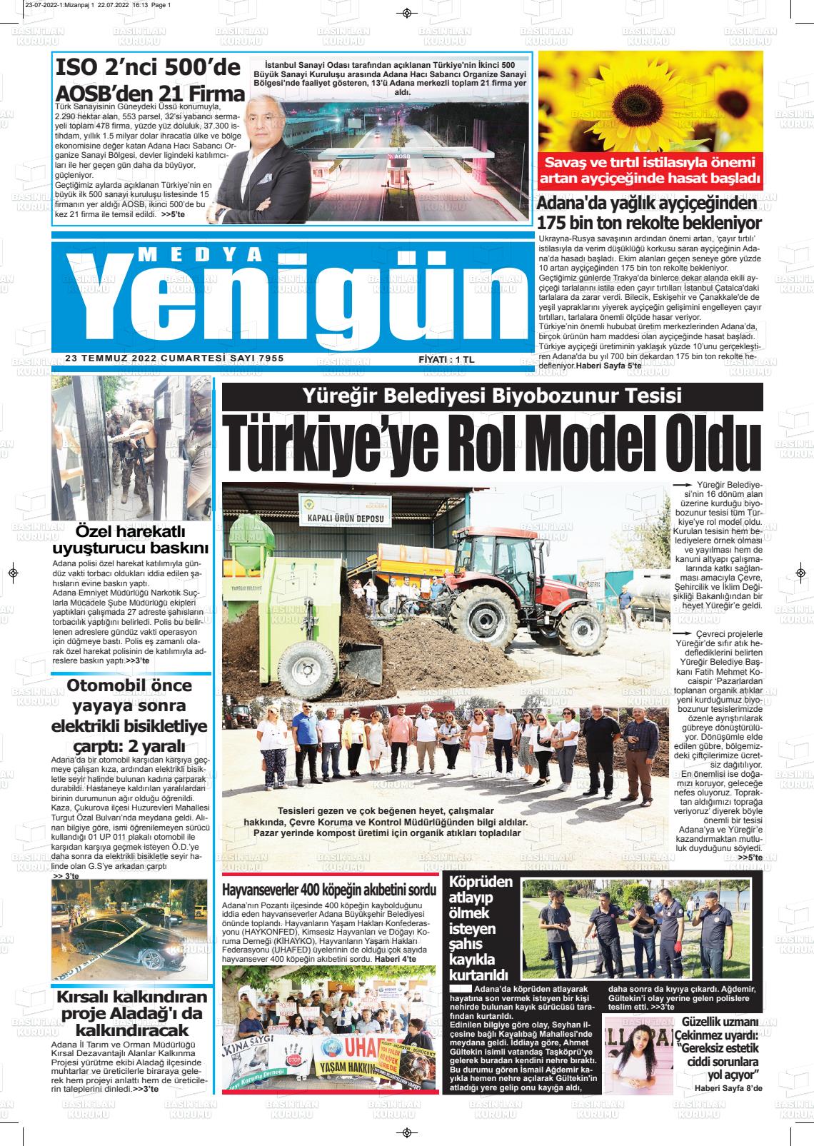 23 Temmuz 2022 Medya Yenigün Gazete Manşeti