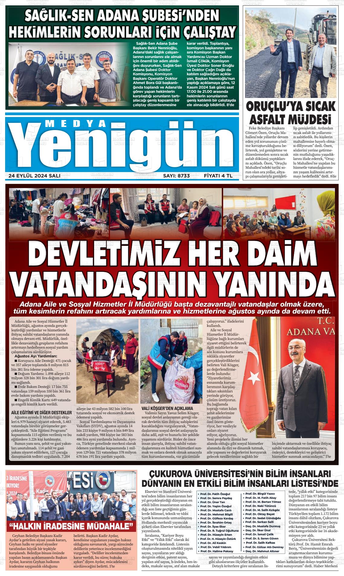 24 Eylül 2024 Medya Yenigün Gazete Manşeti