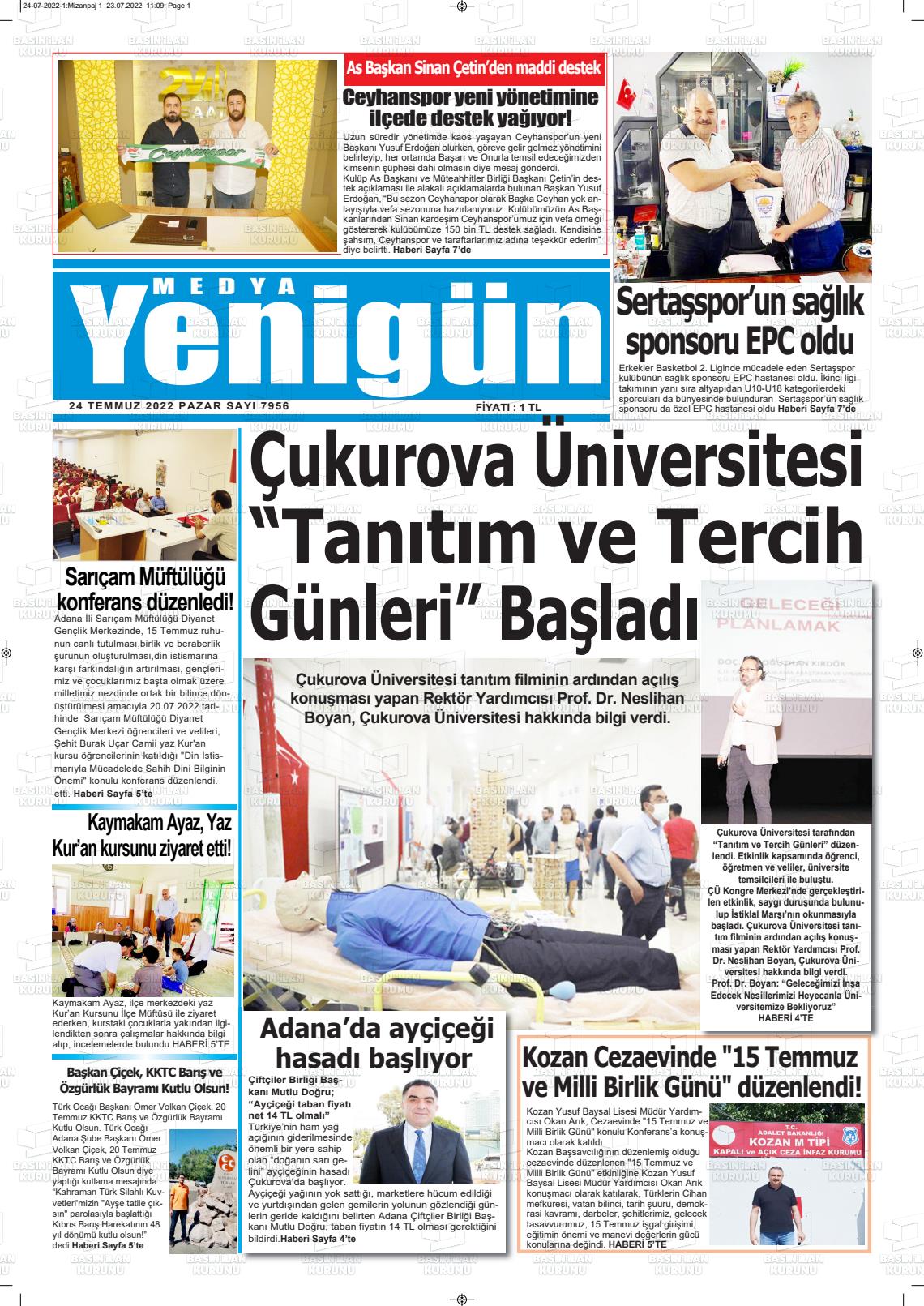 24 Temmuz 2022 Medya Yenigün Gazete Manşeti