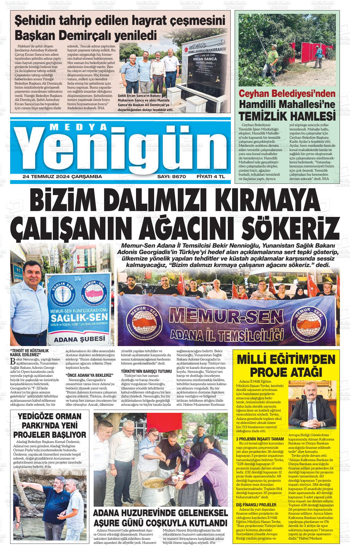 24 Temmuz 2024 Medya Yenigün Gazete Manşeti