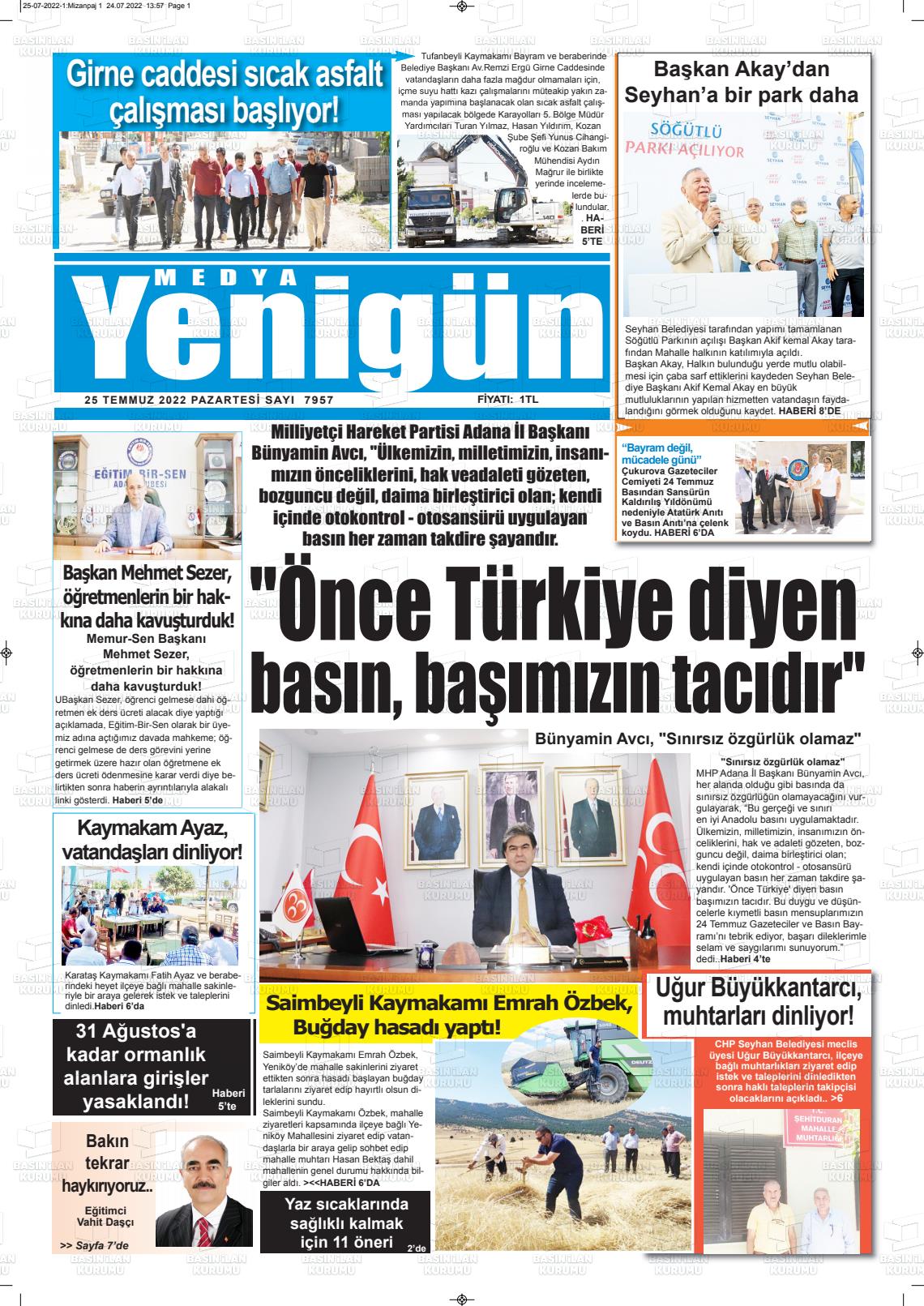 22 Eylül 2022 Medya Yenigün Gazete Manşeti