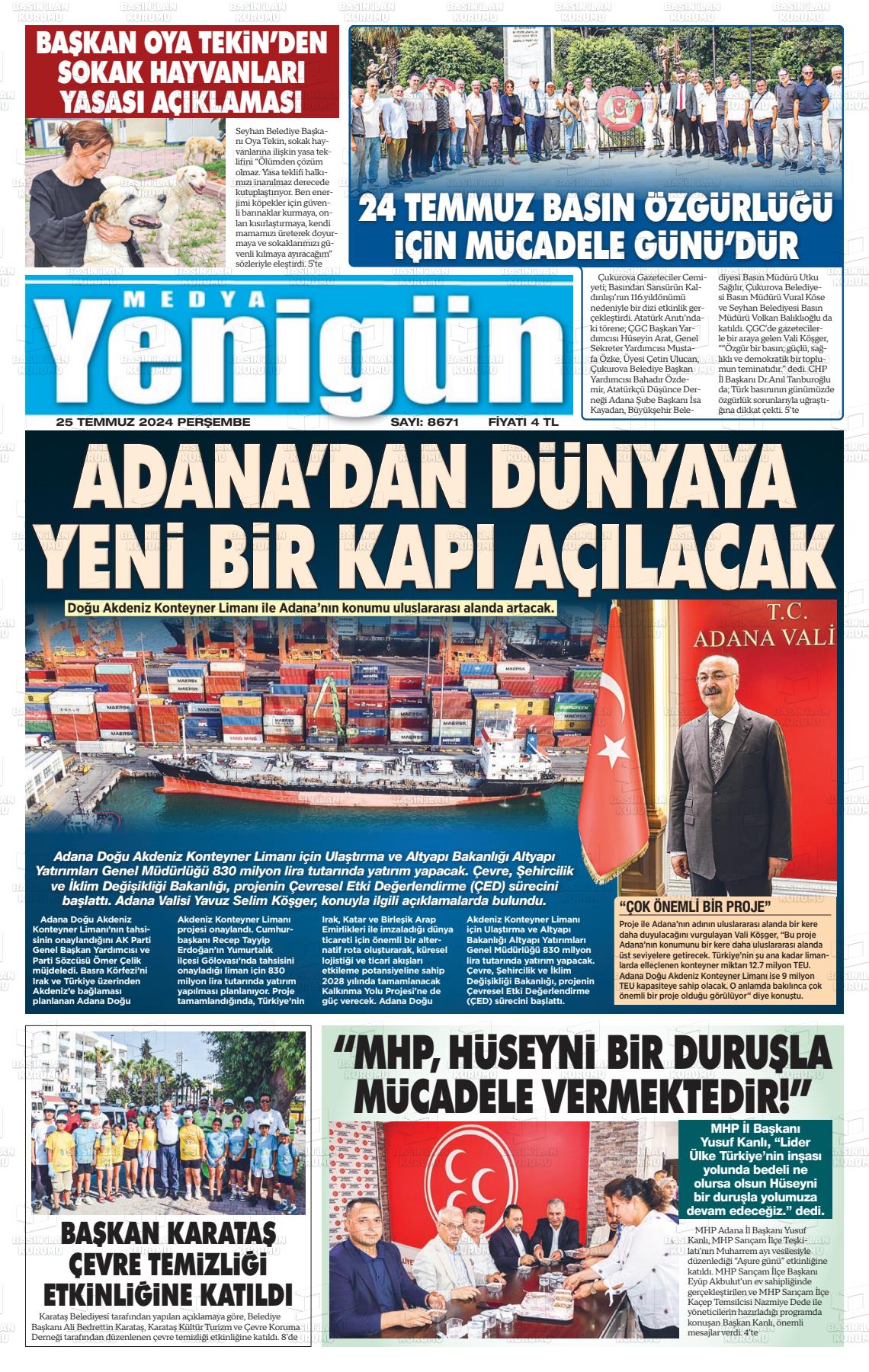 25 Temmuz 2024 Medya Yenigün Gazete Manşeti