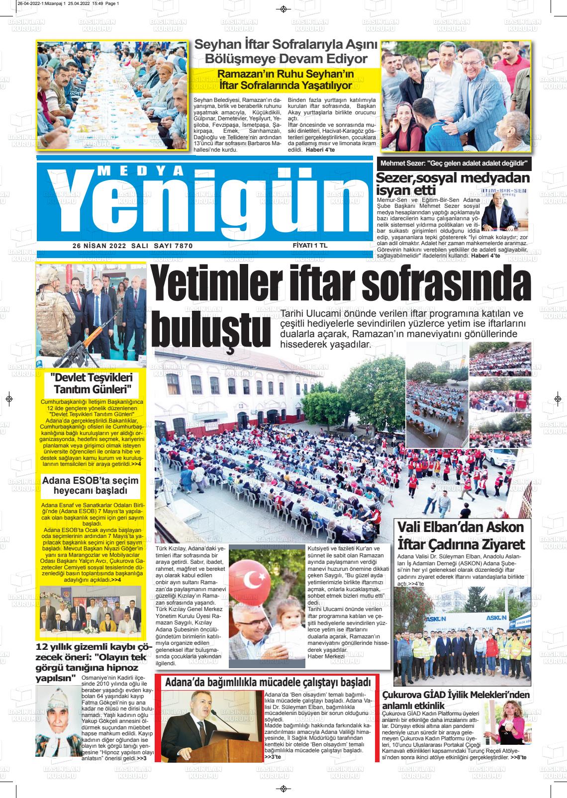 26 Nisan 2022 Medya Yenigün Gazete Manşeti