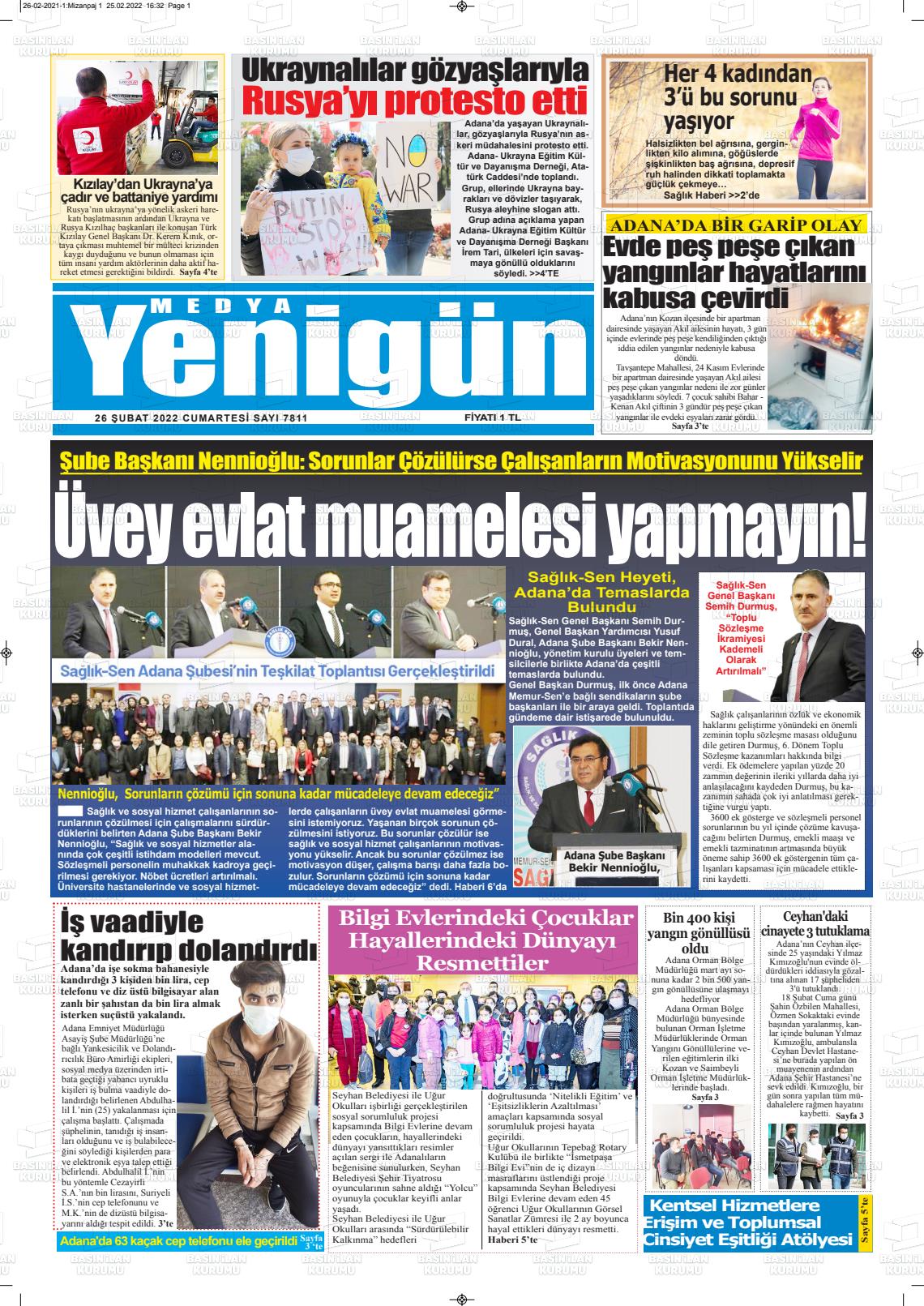 26 Şubat 2022 Medya Yenigün Gazete Manşeti