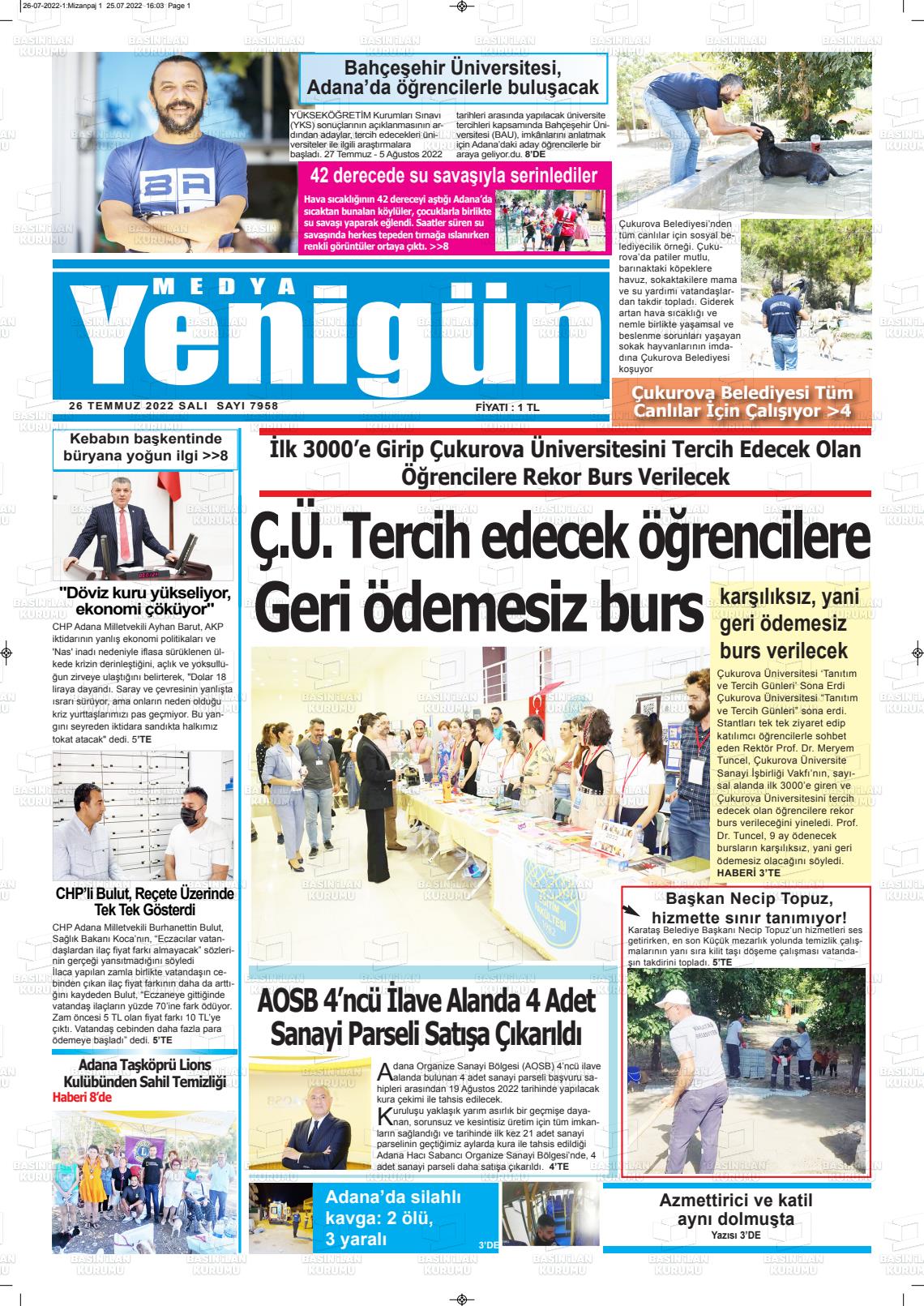 26 Temmuz 2022 Medya Yenigün Gazete Manşeti