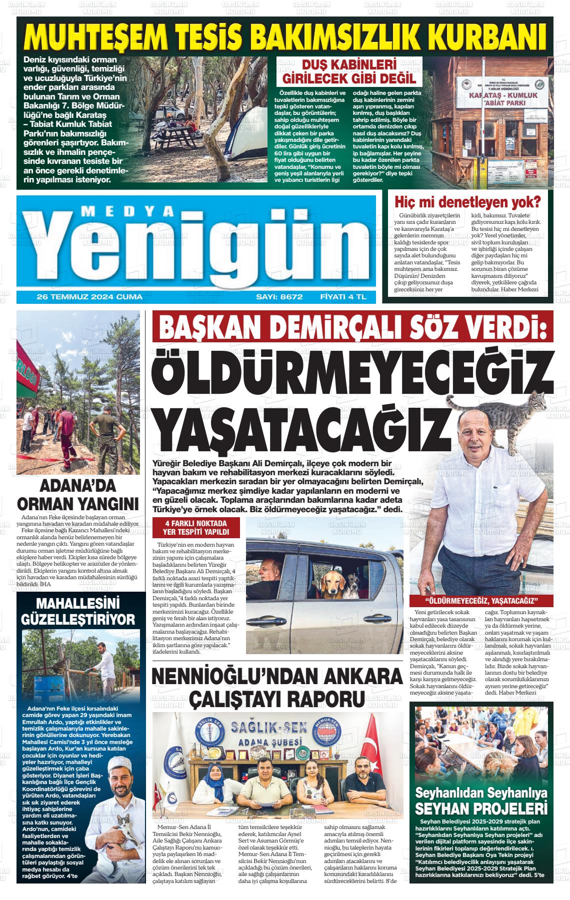 27 Temmuz 2024 Medya Yenigün Gazete Manşeti