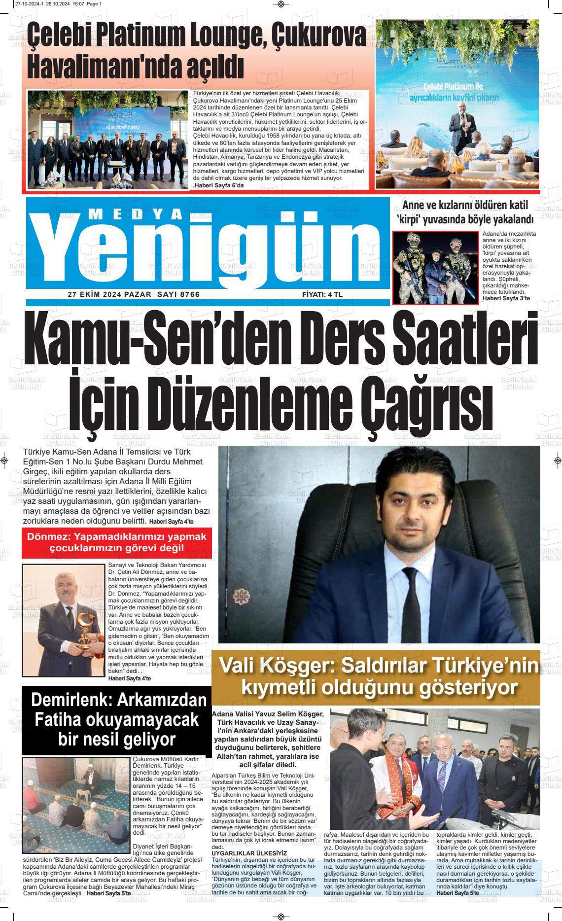 27 Ekim 2024 Medya Yenigün Gazete Manşeti