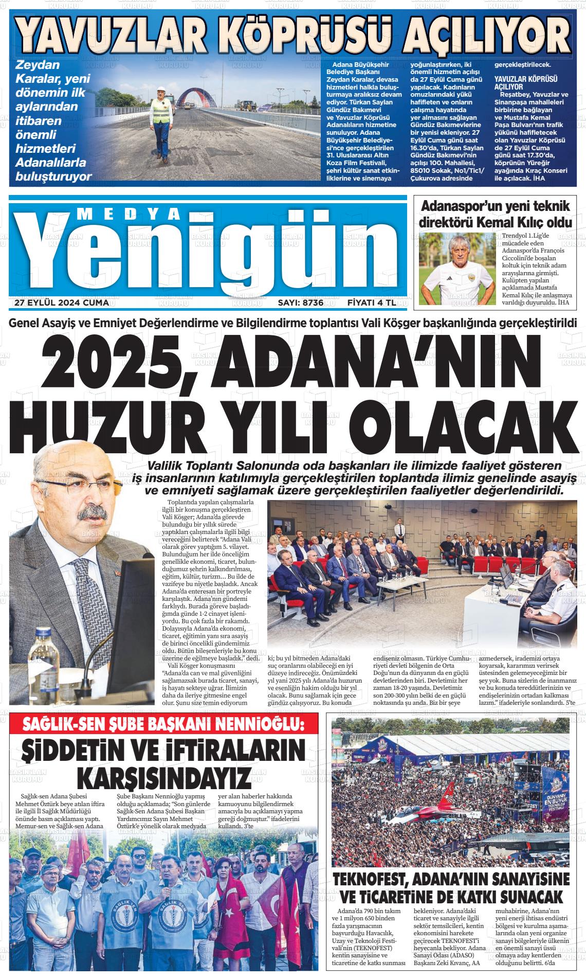 27 Eylül 2024 Medya Yenigün Gazete Manşeti