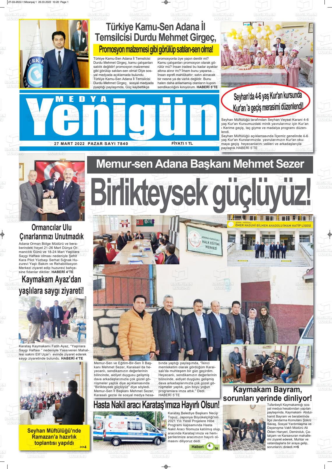 27 Mart 2022 Medya Yenigün Gazete Manşeti