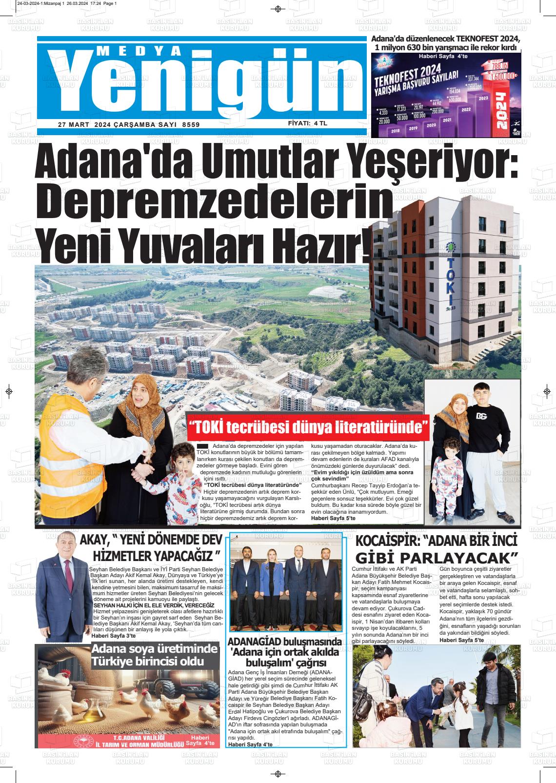 27 Mart 2024 Medya Yenigün Gazete Manşeti