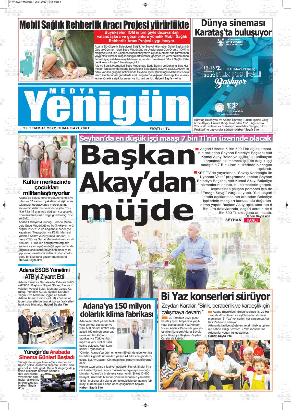 29 Temmuz 2022 Medya Yenigün Gazete Manşeti